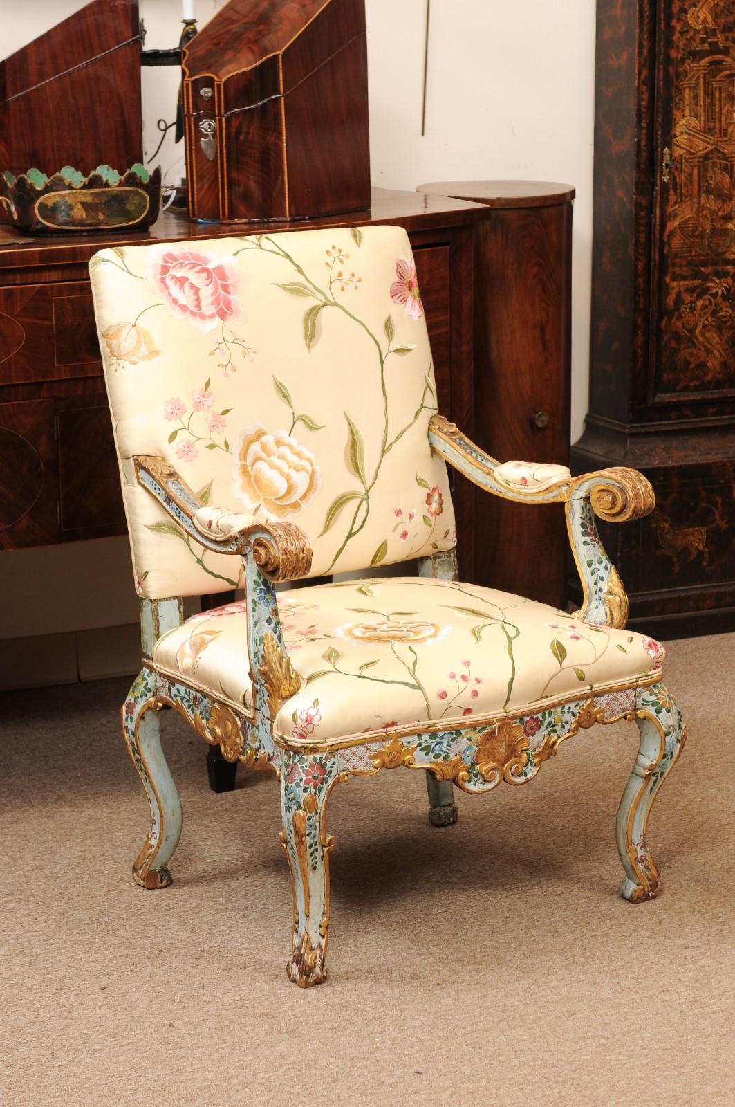 Italian Pair of Venetian Blue Floral & Gilt Painted Armchairs Silk Upholstery For Sale