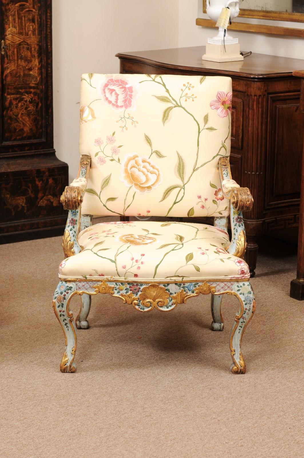 Pair of Venetian Blue Floral & Gilt Painted Armchairs Silk Upholstery In Fair Condition For Sale In Atlanta, GA