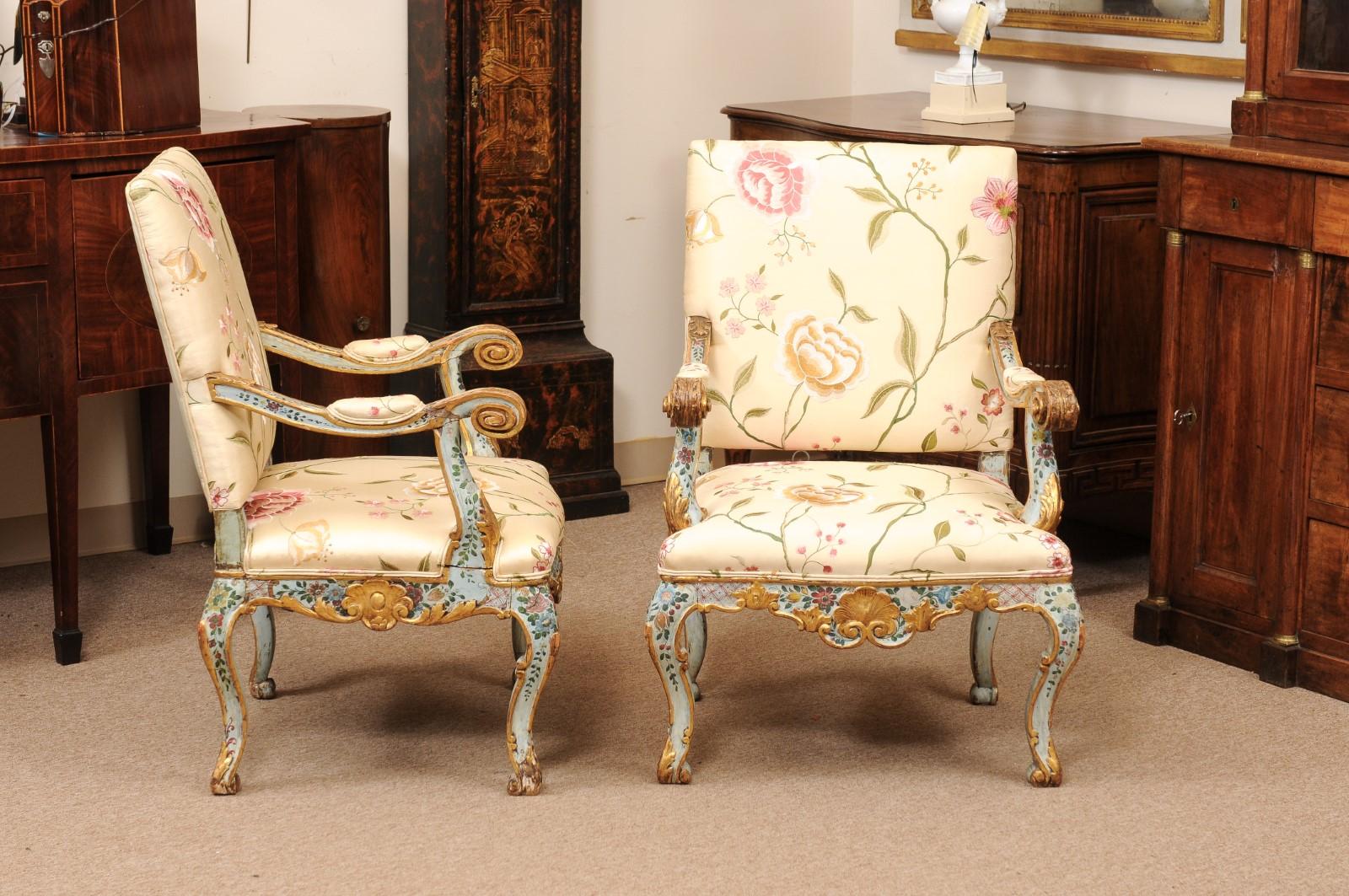 19th Century Pair of Venetian Blue Floral & Gilt Painted Armchairs Silk Upholstery For Sale