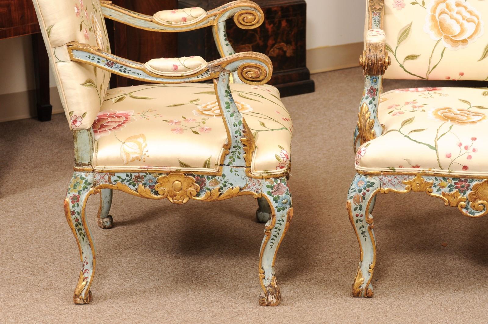 Pair of Venetian Blue Floral & Gilt Painted Armchairs Silk Upholstery For Sale 1