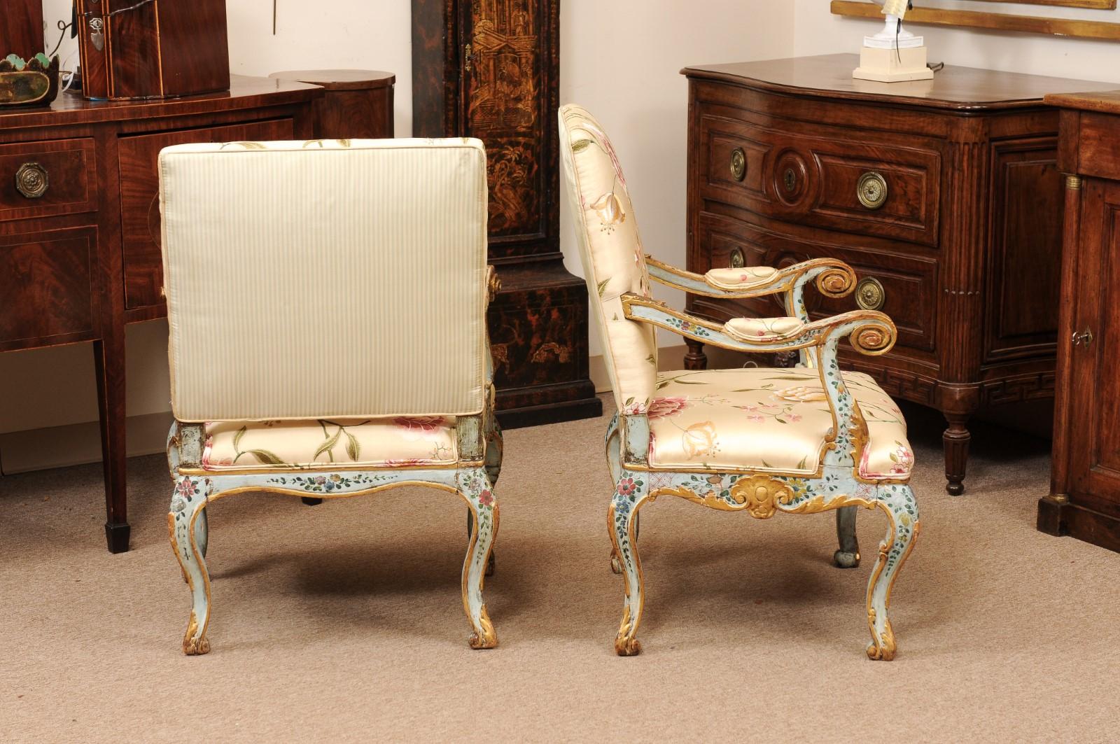 Pair of Venetian Blue Floral & Gilt Painted Armchairs Silk Upholstery For Sale 2