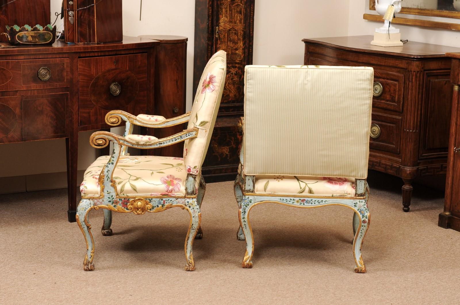 Pair of Venetian Blue Floral & Gilt Painted Armchairs Silk Upholstery For Sale 4