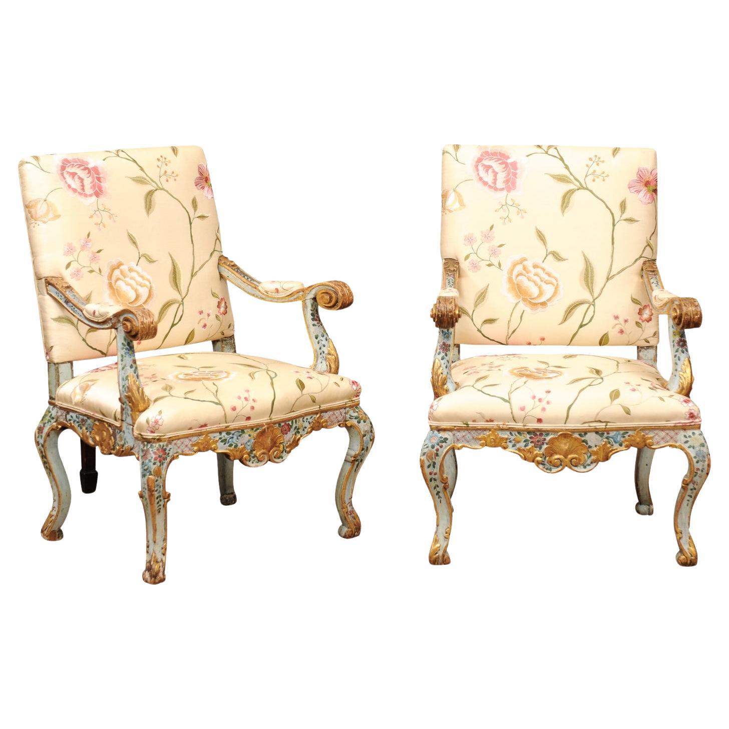 Pair of Venetian Blue Floral & Gilt Painted Armchairs Silk Upholstery For Sale