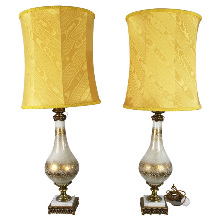 Pair of Brass Mounted Jewelled Glass Table Lamps For Sale at