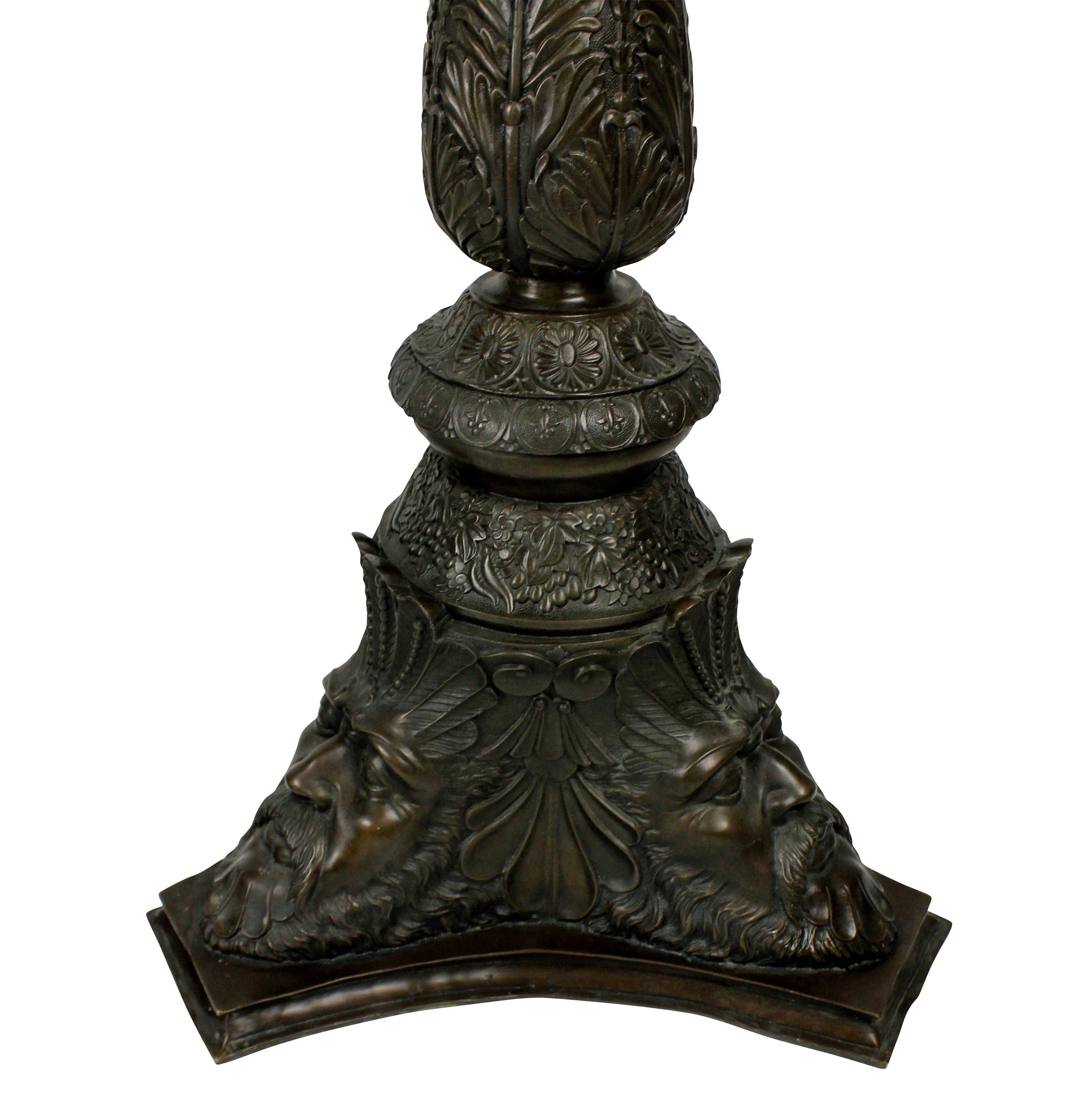 A rare and beautifully cast pair of Venetian bronze torchère pedestals, in the classical manner, with good patina.

 