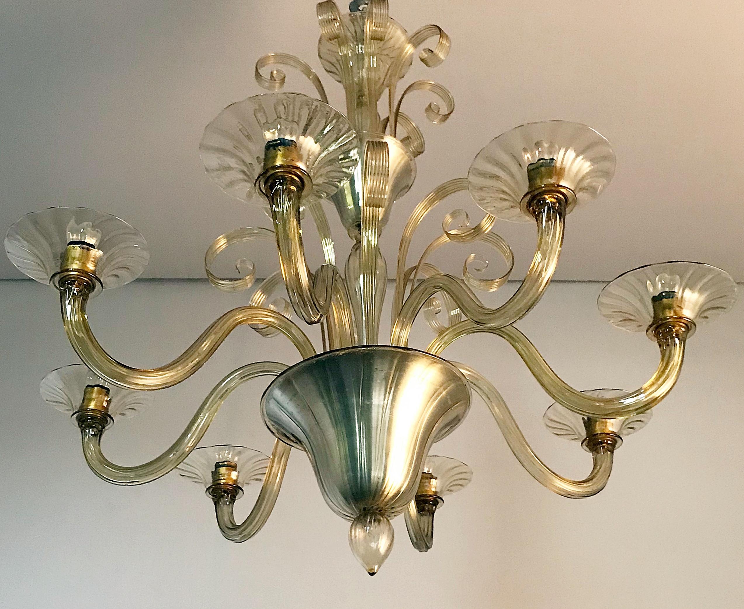 Venetian chandelier - eight arms of lights - Electrification has been restored. The whole come from a Brussel's restaurant which has been destroyed since 1958.
Two pairs available - Possibility to buy just one piece.
 