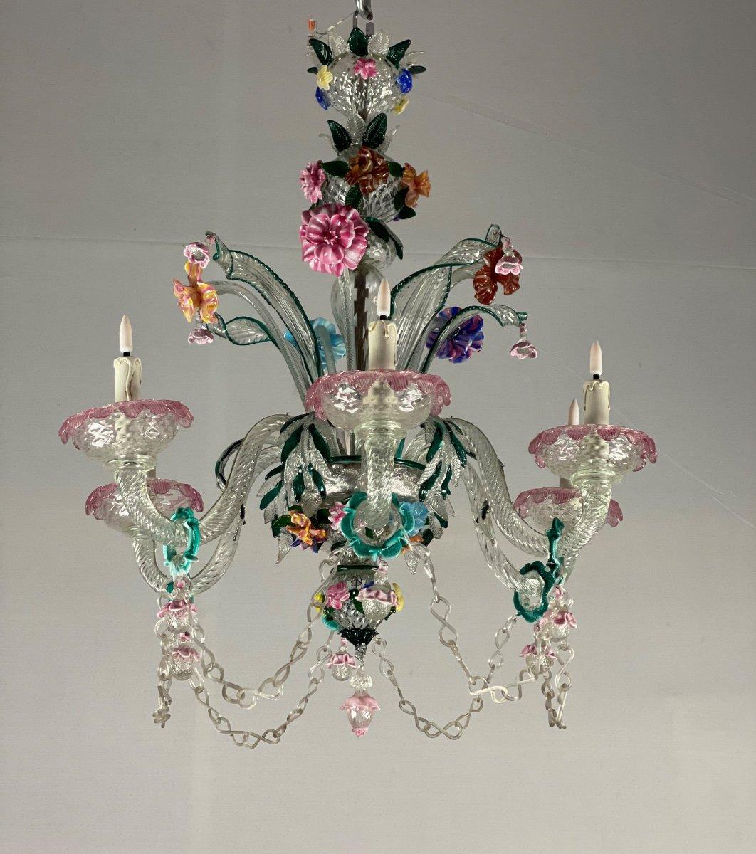 Pair of Venetian chandeliers in Murano glass, 6 arms of light, new electrification.