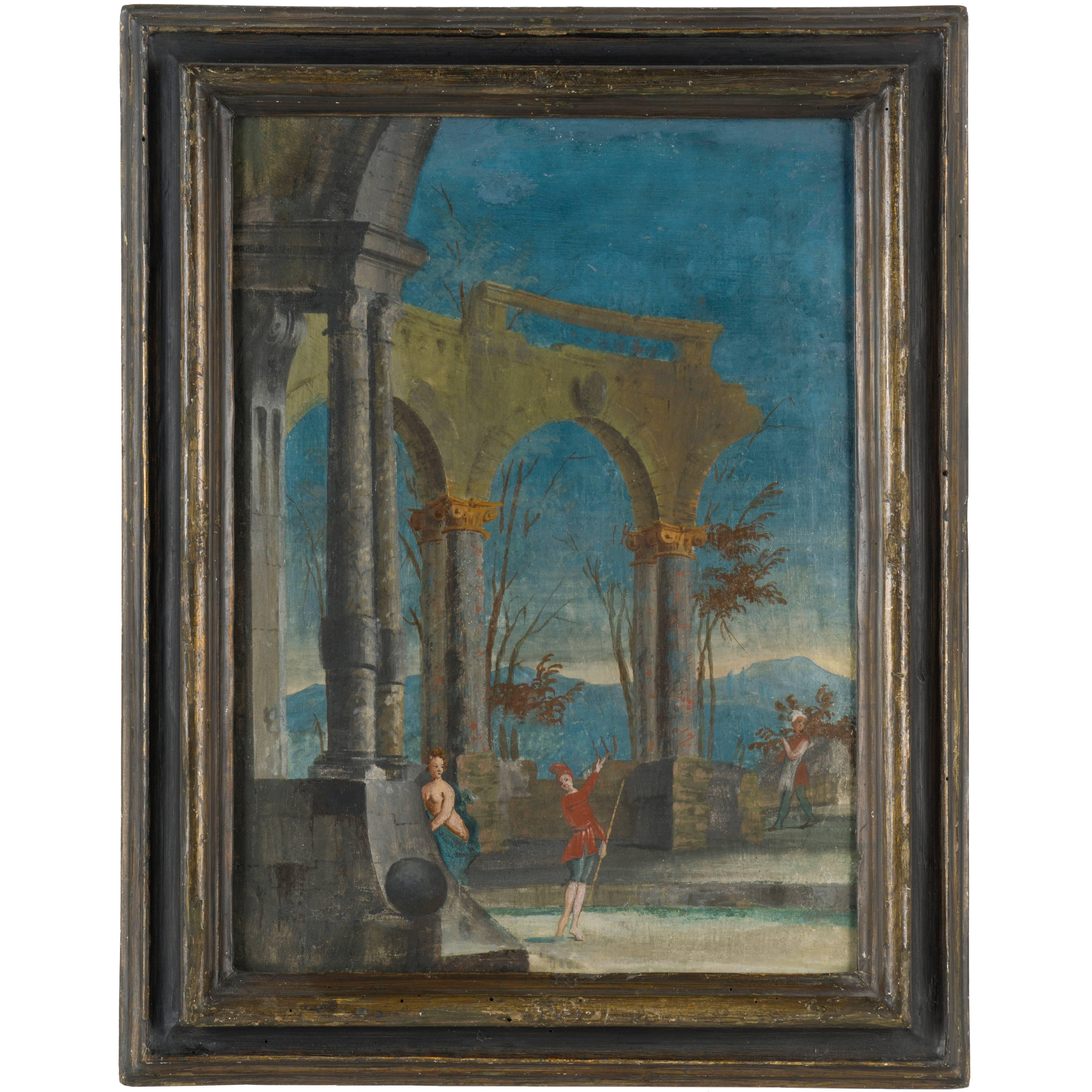 Italian Pair of Venetian Commedia dell'Arte Paintings, Italy 18th Century For Sale