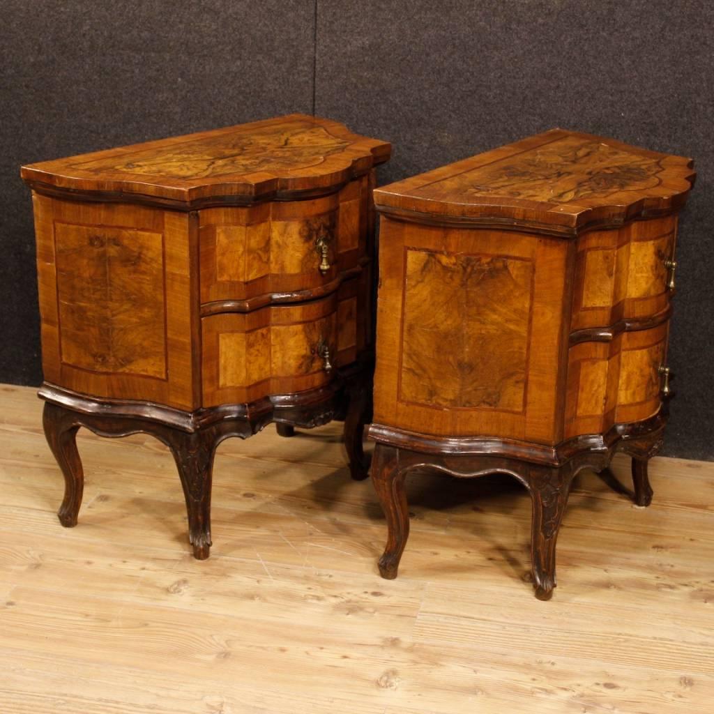 Italian Pair of Venetian Commodes in Walnut, Burl and Rosewood Two Drawers, 20th Century