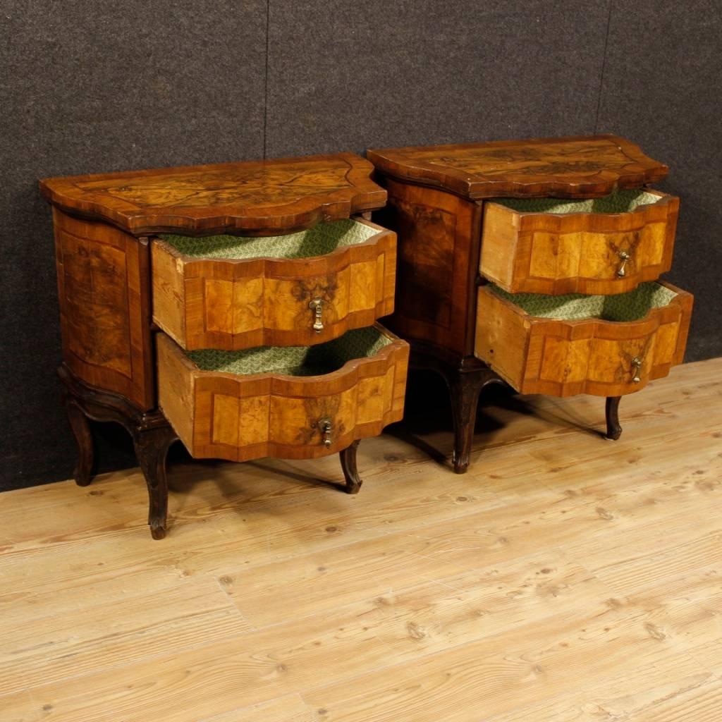 Pair of Venetian Commodes in Walnut, Burl and Rosewood Two Drawers, 20th Century In Good Condition In Vicoforte, Piedmont