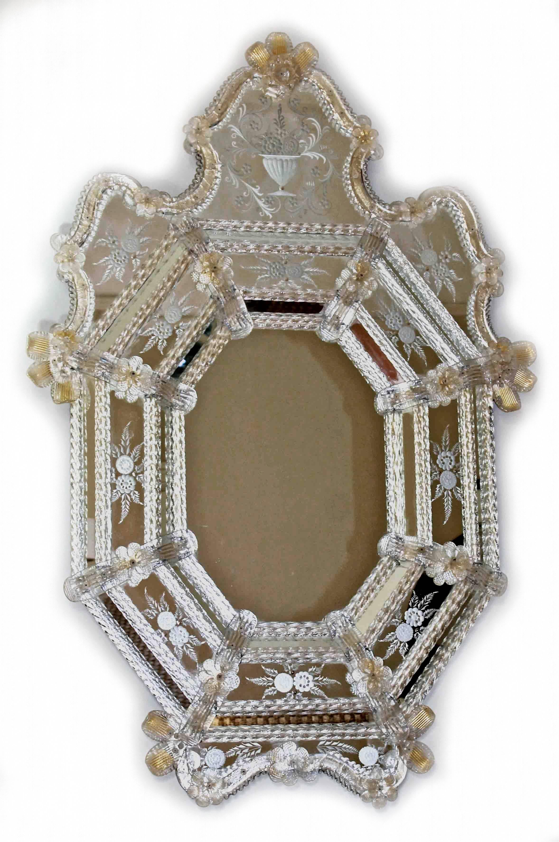 Italian Pair of Venetian Etched Clear Gold Octagonal Wall Mirrors