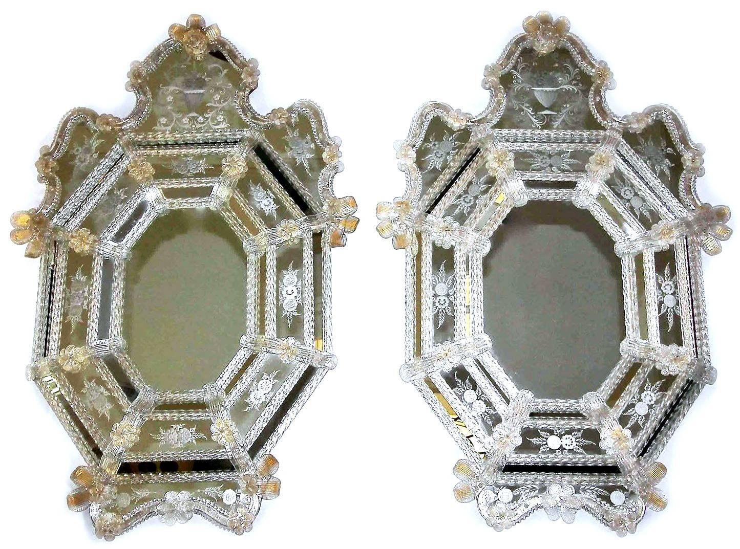 Pair of Venetian Etched Clear Gold Octagonal Wall Mirrors In Good Condition In Palm Springs, CA