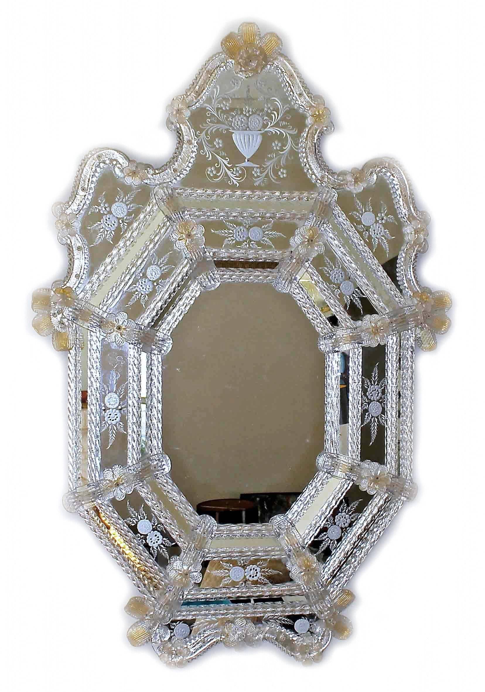 Mid-20th Century Pair of Venetian Etched Clear Gold Octagonal Wall Mirrors