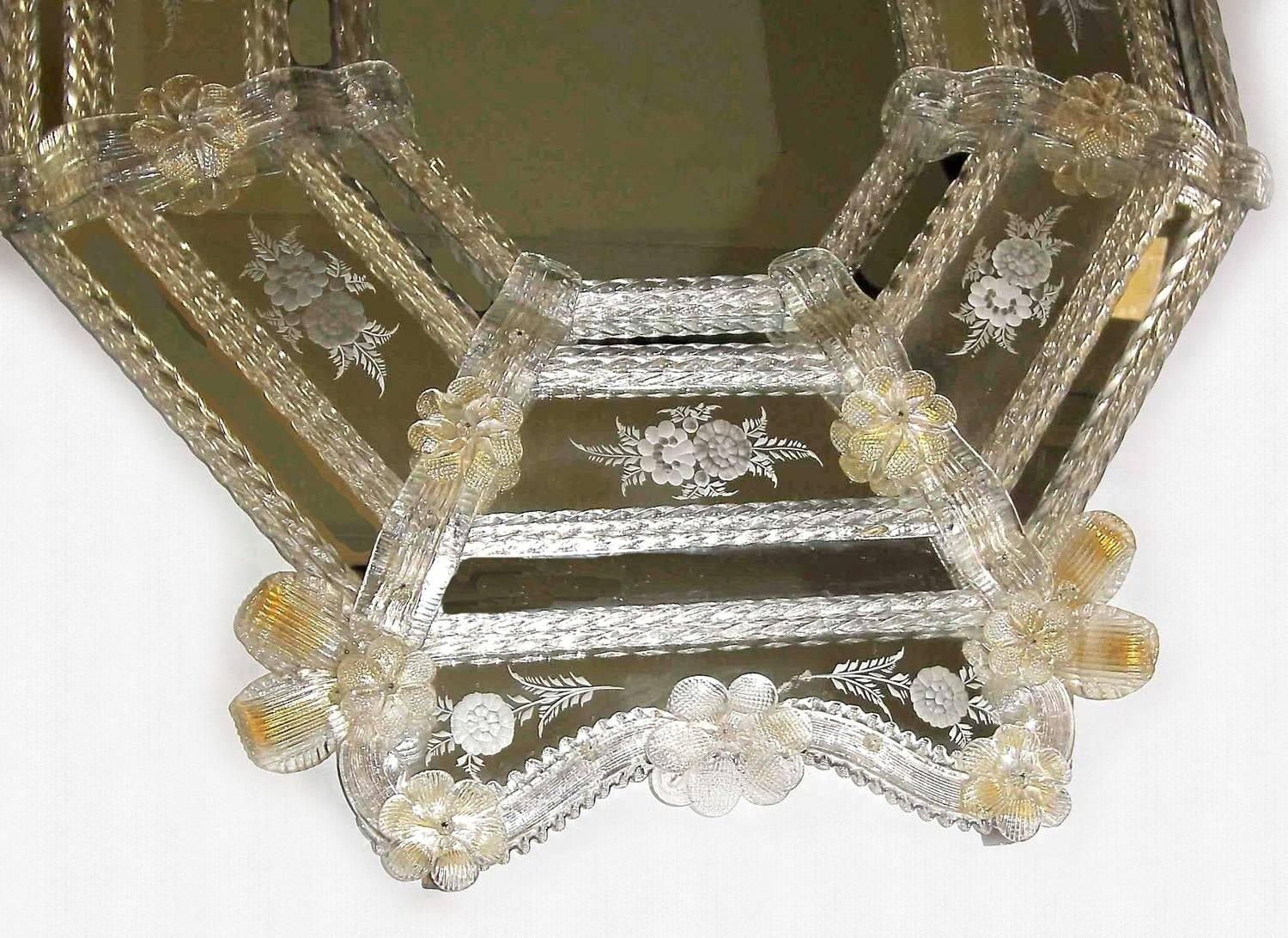 Pair of Venetian Etched Clear Gold Octagonal Wall Mirrors 1