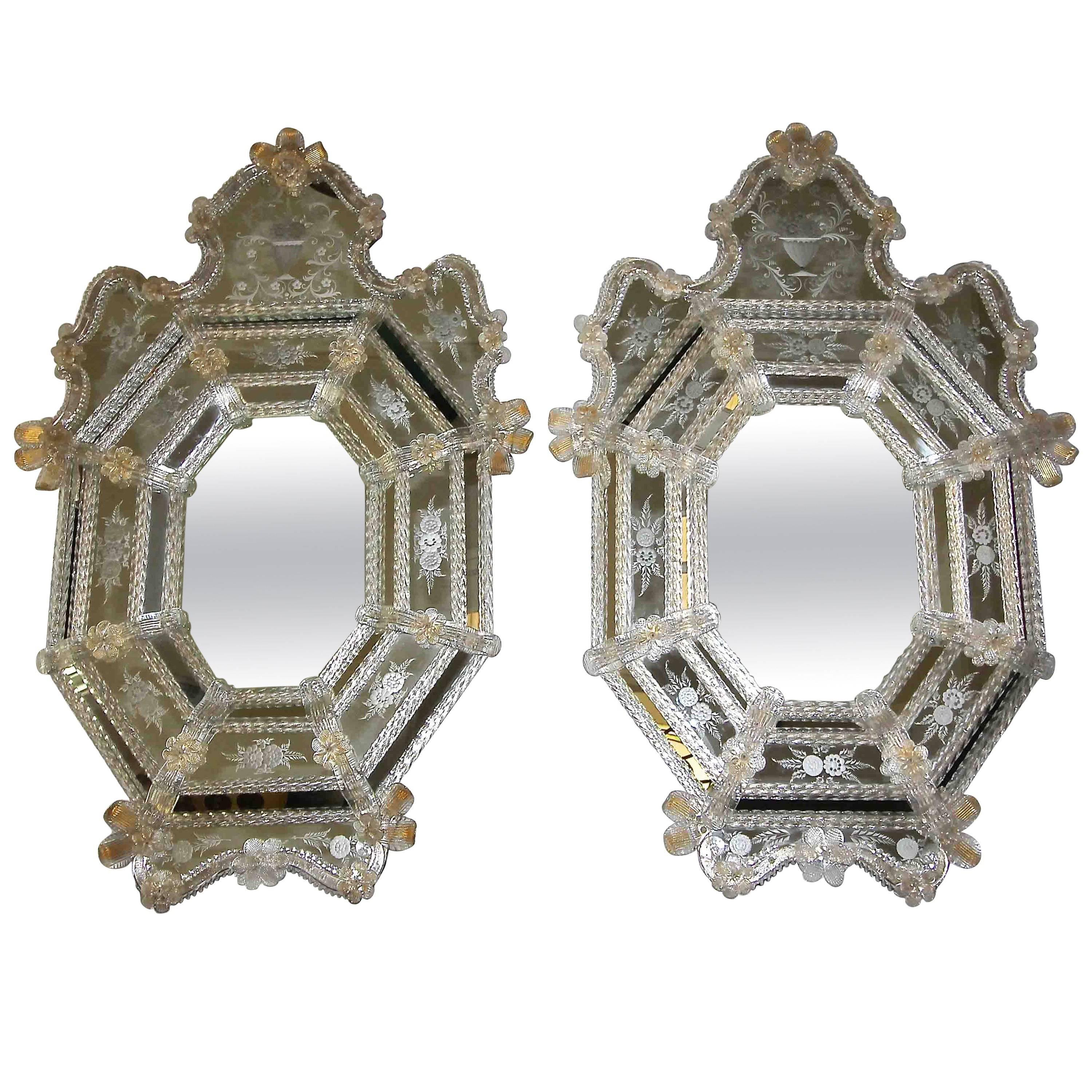 Pair of Venetian Etched Clear Gold Octagonal Wall Mirrors 3
