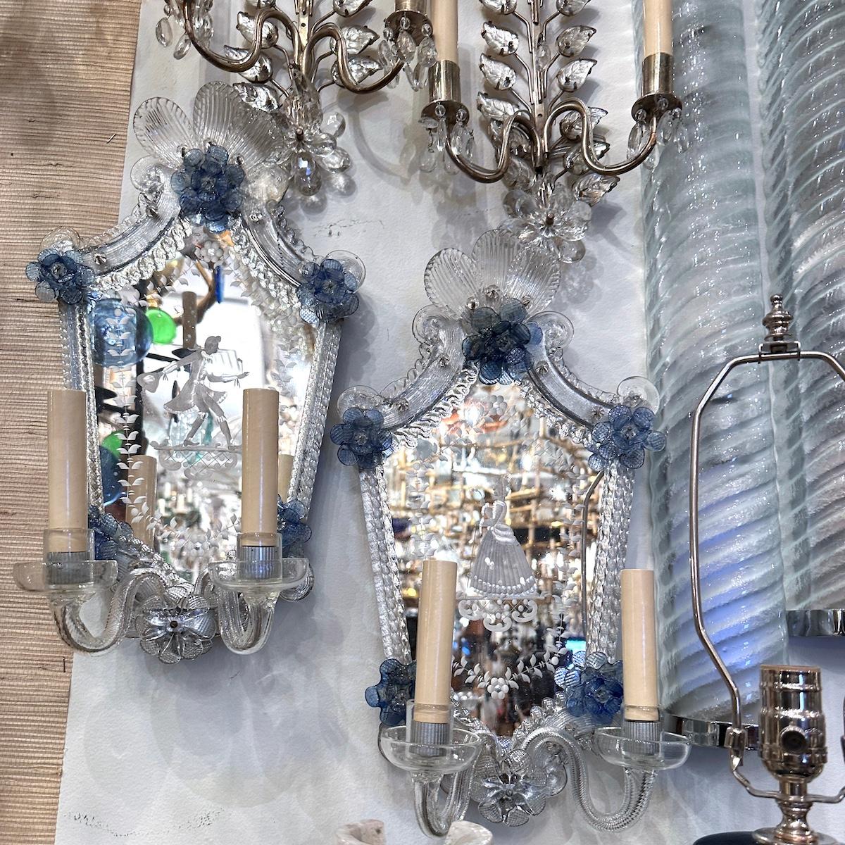 Pair of Venetian Etched Mirror Sconces For Sale 5