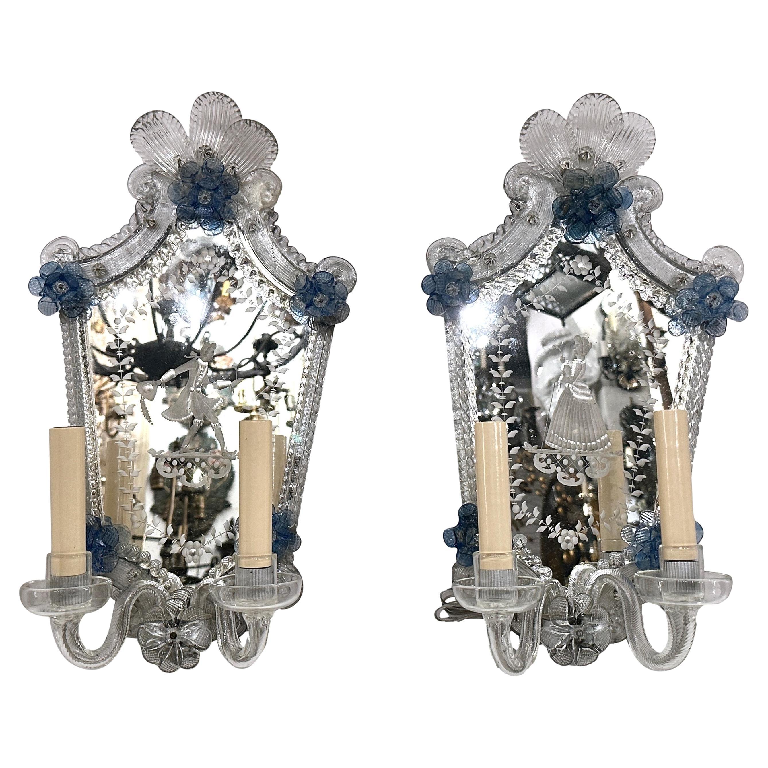 Pair of Venetian Etched Mirror Sconces For Sale