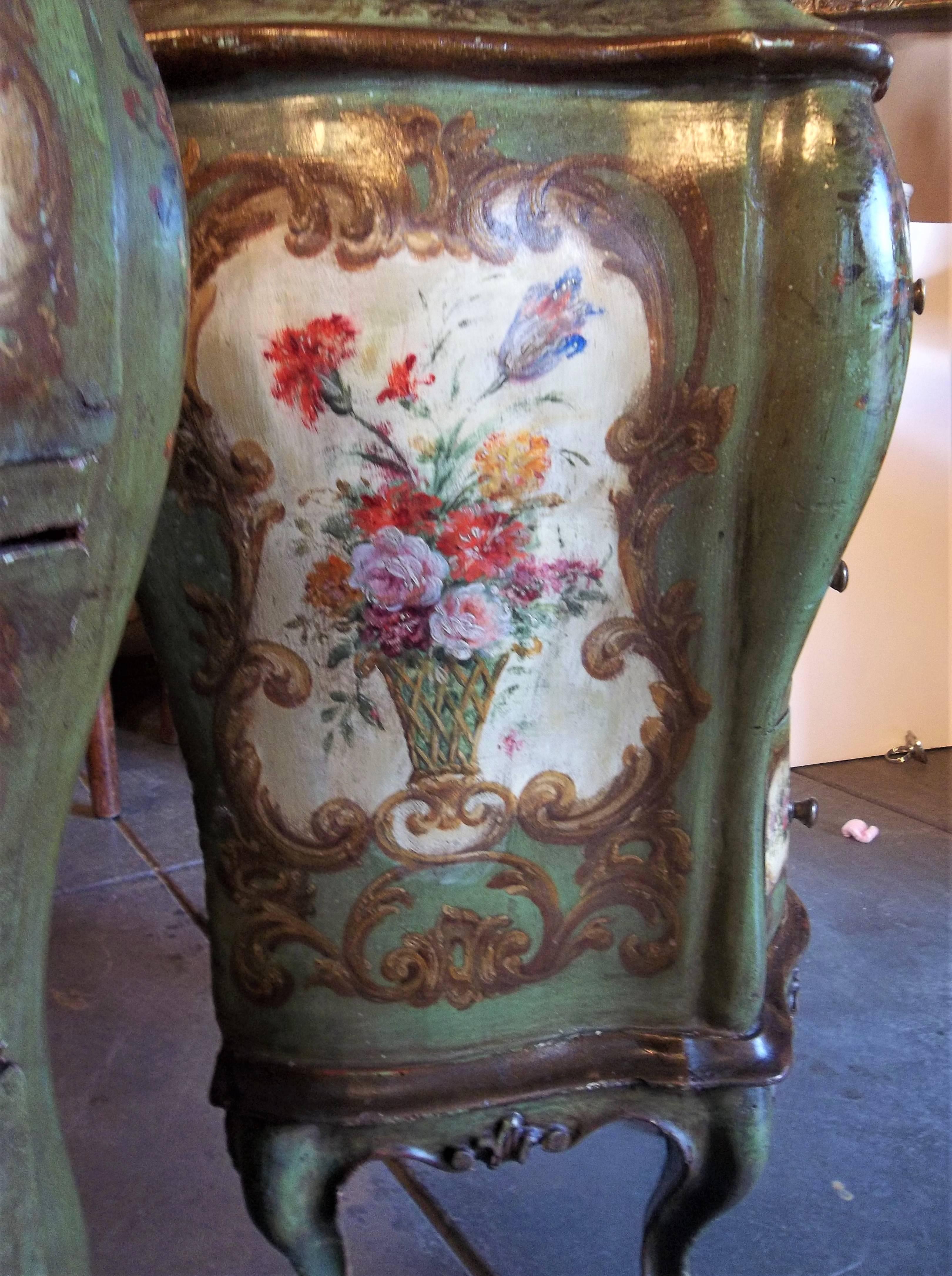 Wood Pair of Venetian or Italian Floral Decorated Painted Commode Consoles