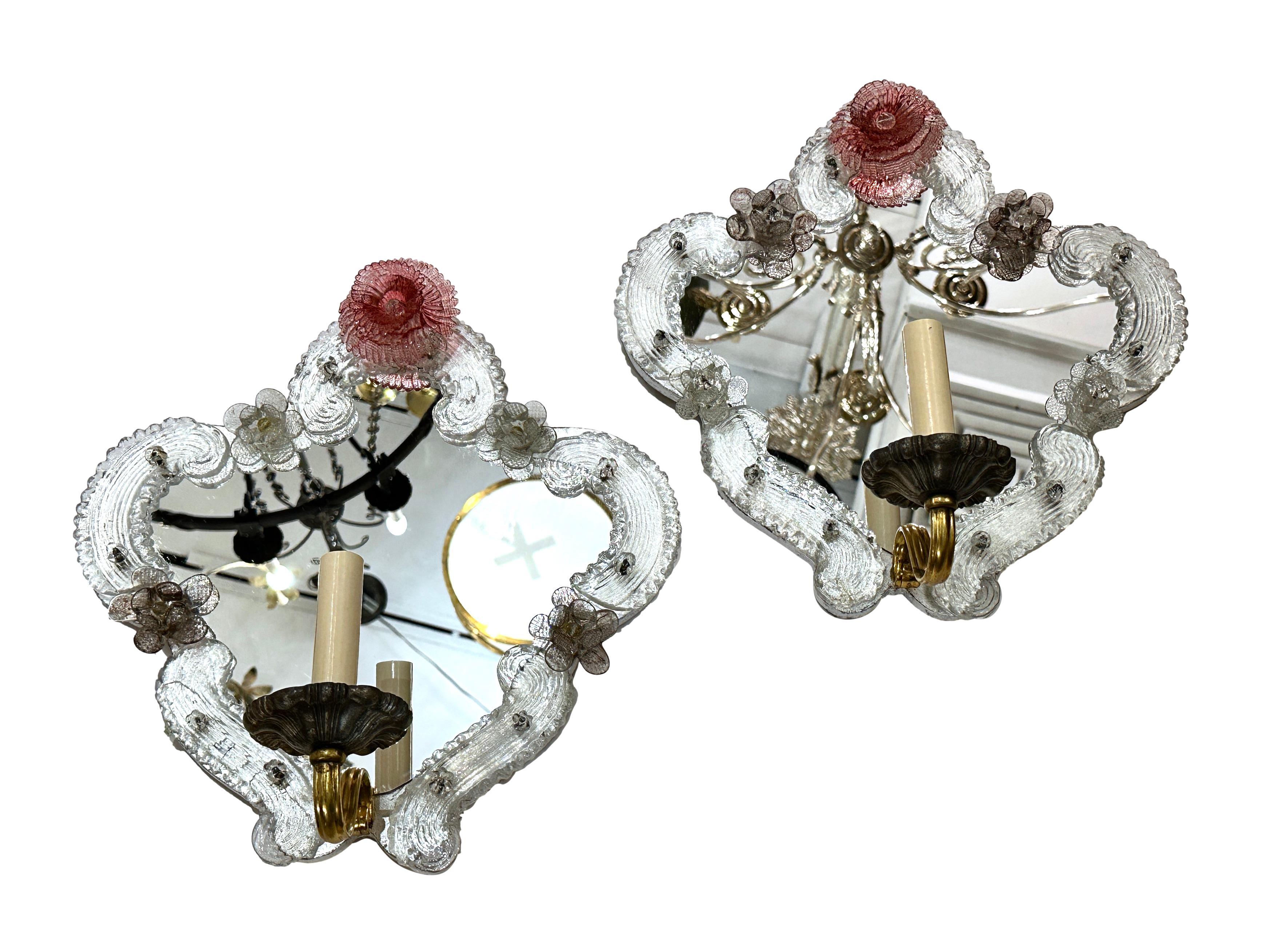 Mid-20th Century Pair of Venetian Flower & Mirror Sconces For Sale