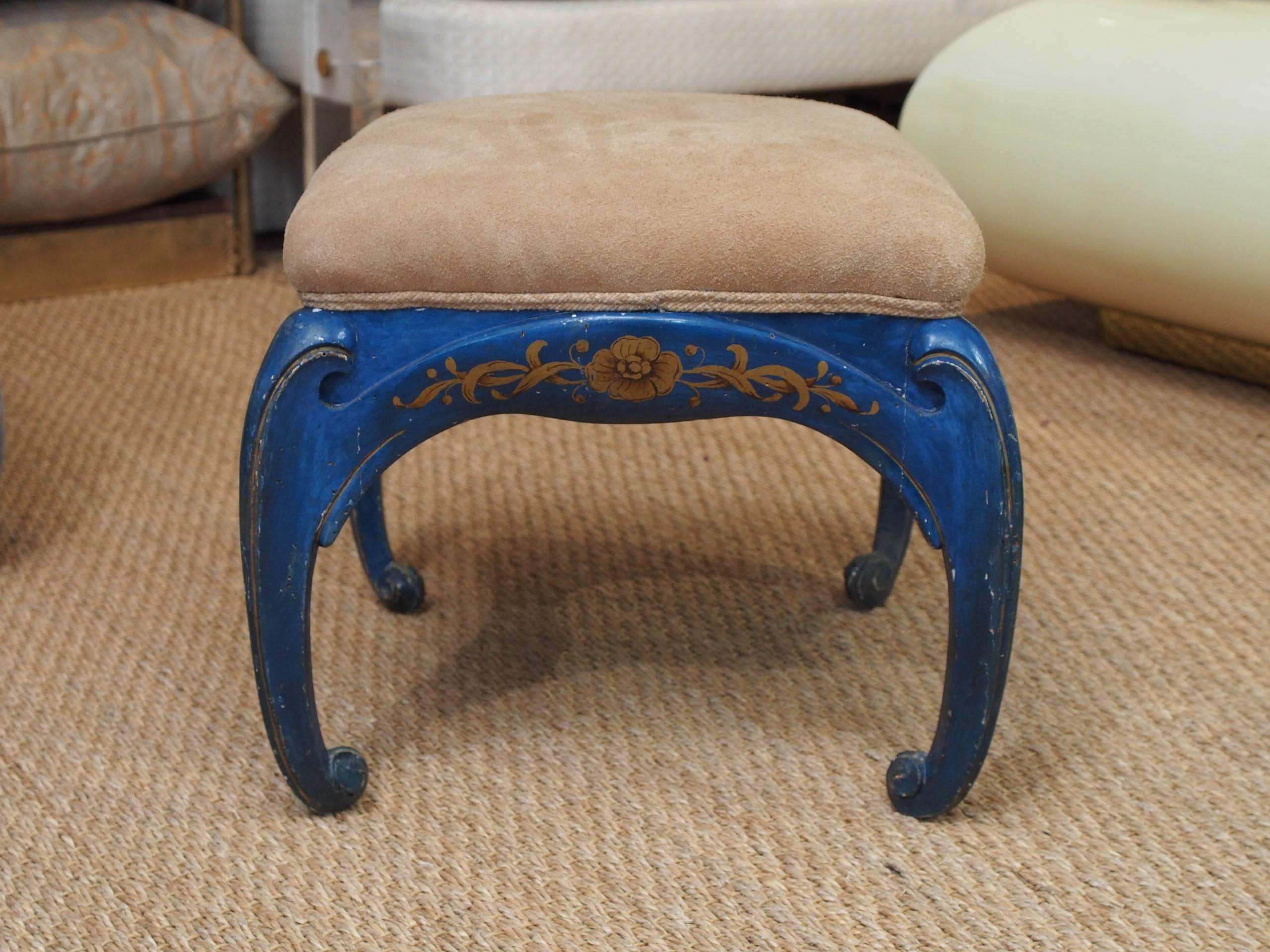 Pair of cobalt blue painted Venetian stools with gilt flower detail and chinoiserie legs.