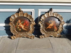 Pair of Venetian Gilt Wood & Gesso Oil on Board Cherub Foliate Portraits C 1780