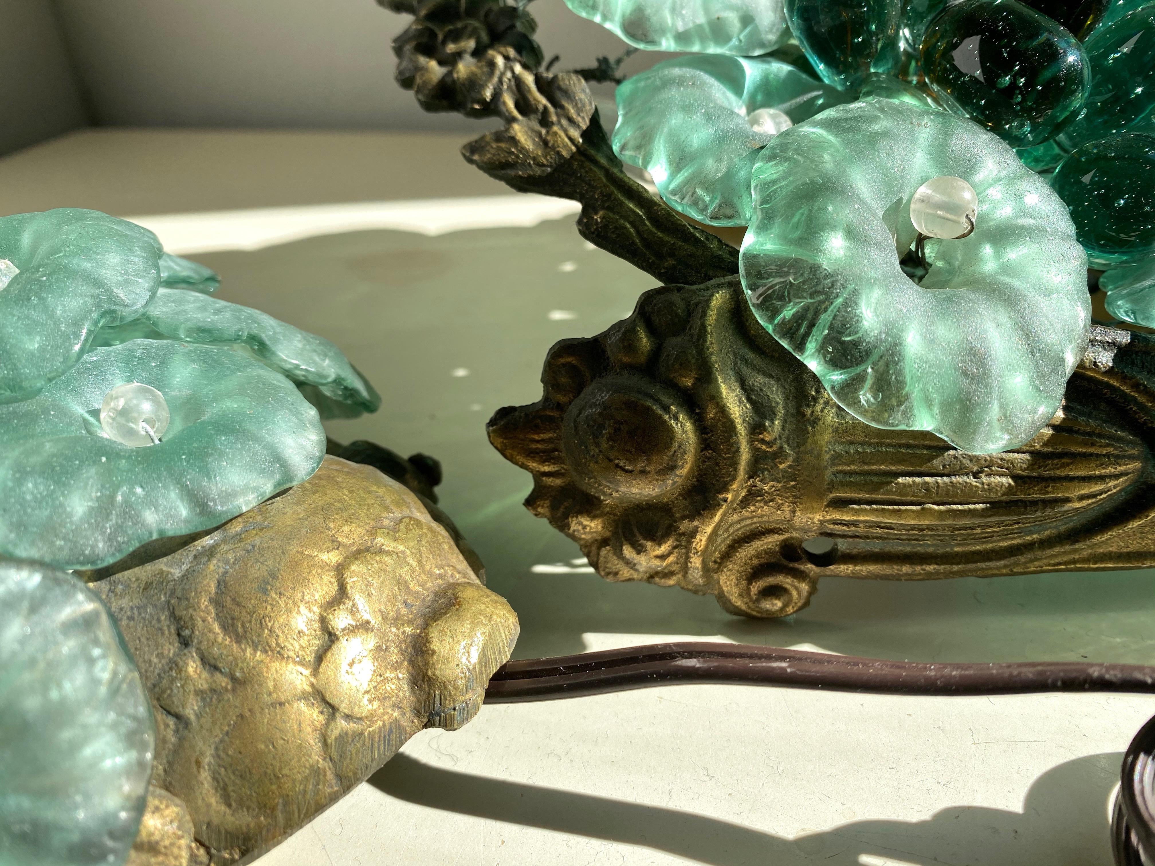 Pair of Venetian Glass and Brass Floral Grape Cluster Lighted Sconces, 1950s 11