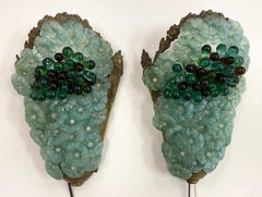 Pair of Venetian Glass and Brass Floral Grape Cluster Lighted Sconces, 1950s
