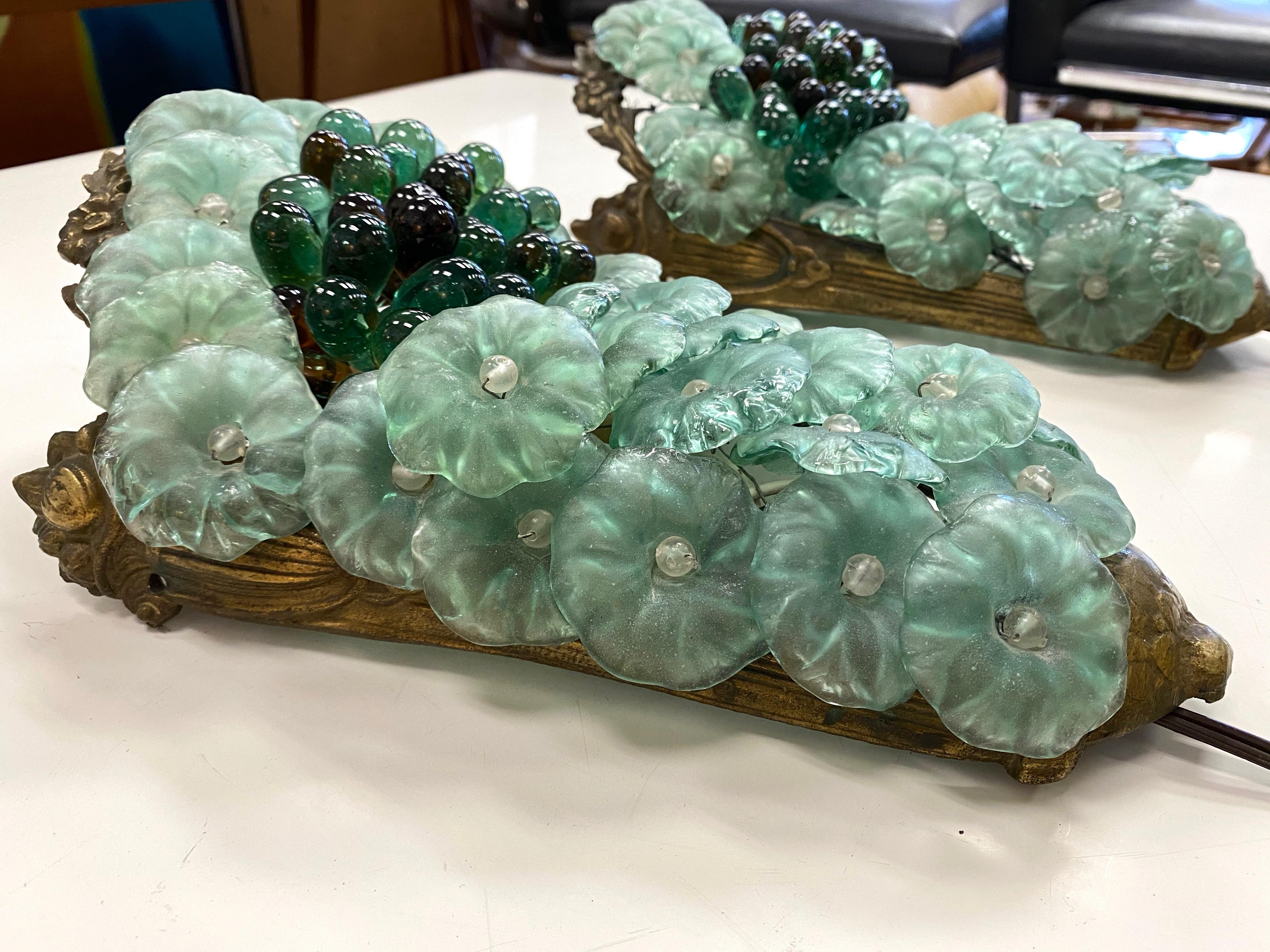 Pair of Venetian Glass and Brass Floral Grape Cluster Lighted Sconces, 1950s 1