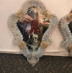 Pair of Venetian Glass and Etched Mirrored Candle Sconces, 1920s