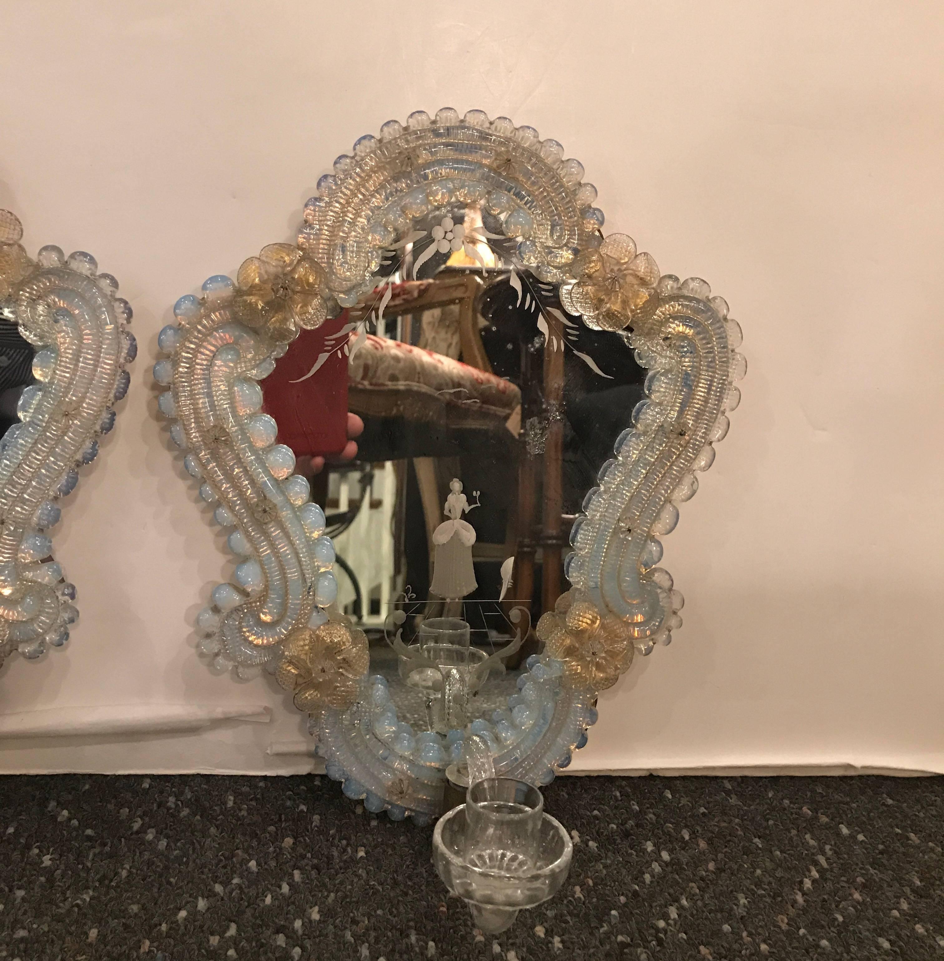Italian Pair of Venetian Glass and Etched Mirrored Candle Sconces, 1920s