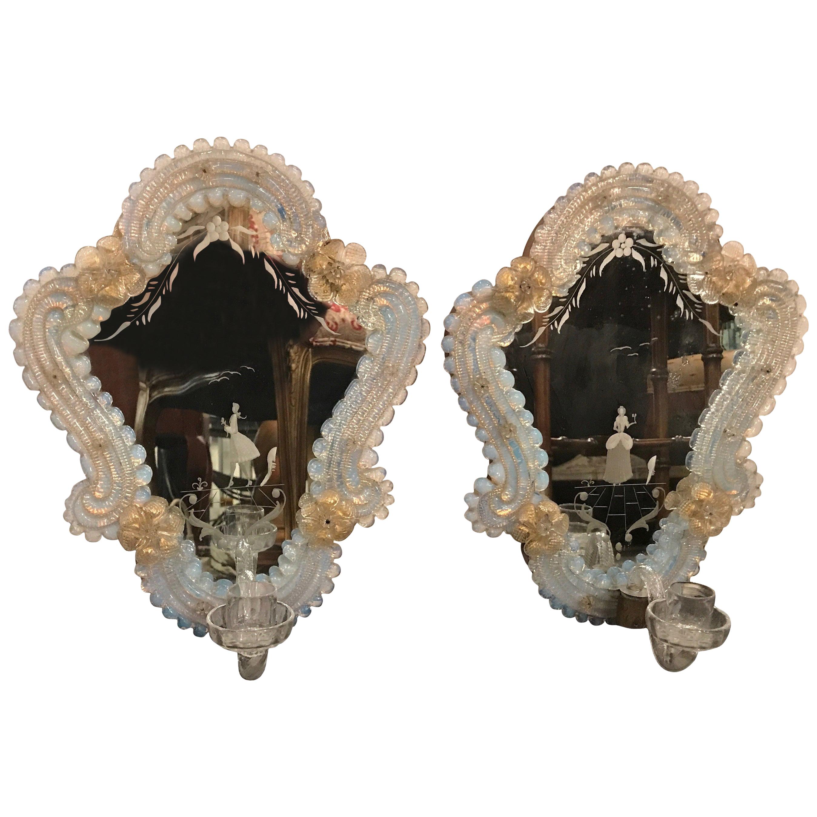 Pair of Venetian Glass and Etched Mirrored Candle Sconces, 1920s