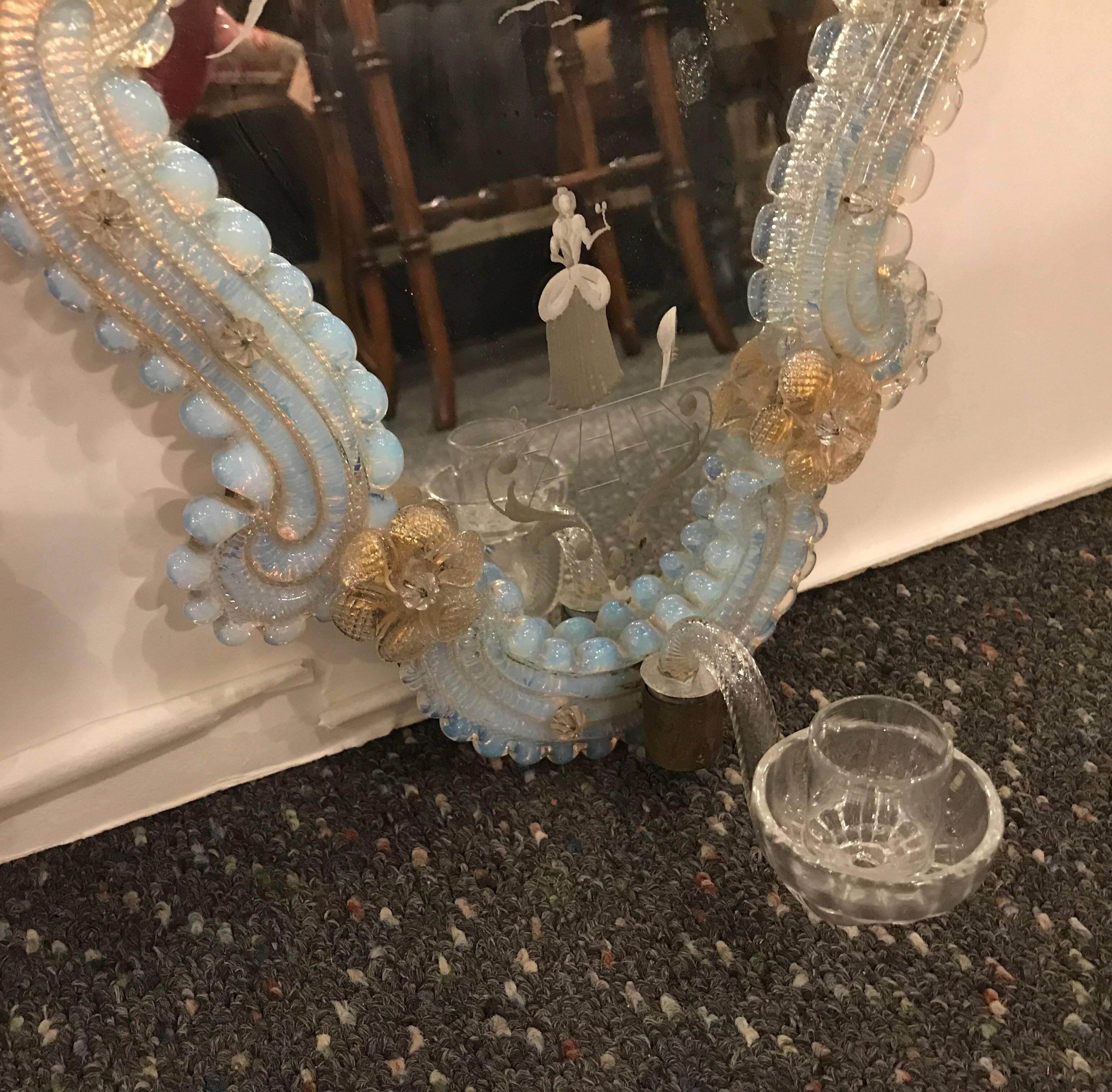 Blown Glass Pair of Venetian Glass and Etched Mirrored Candle Sconces