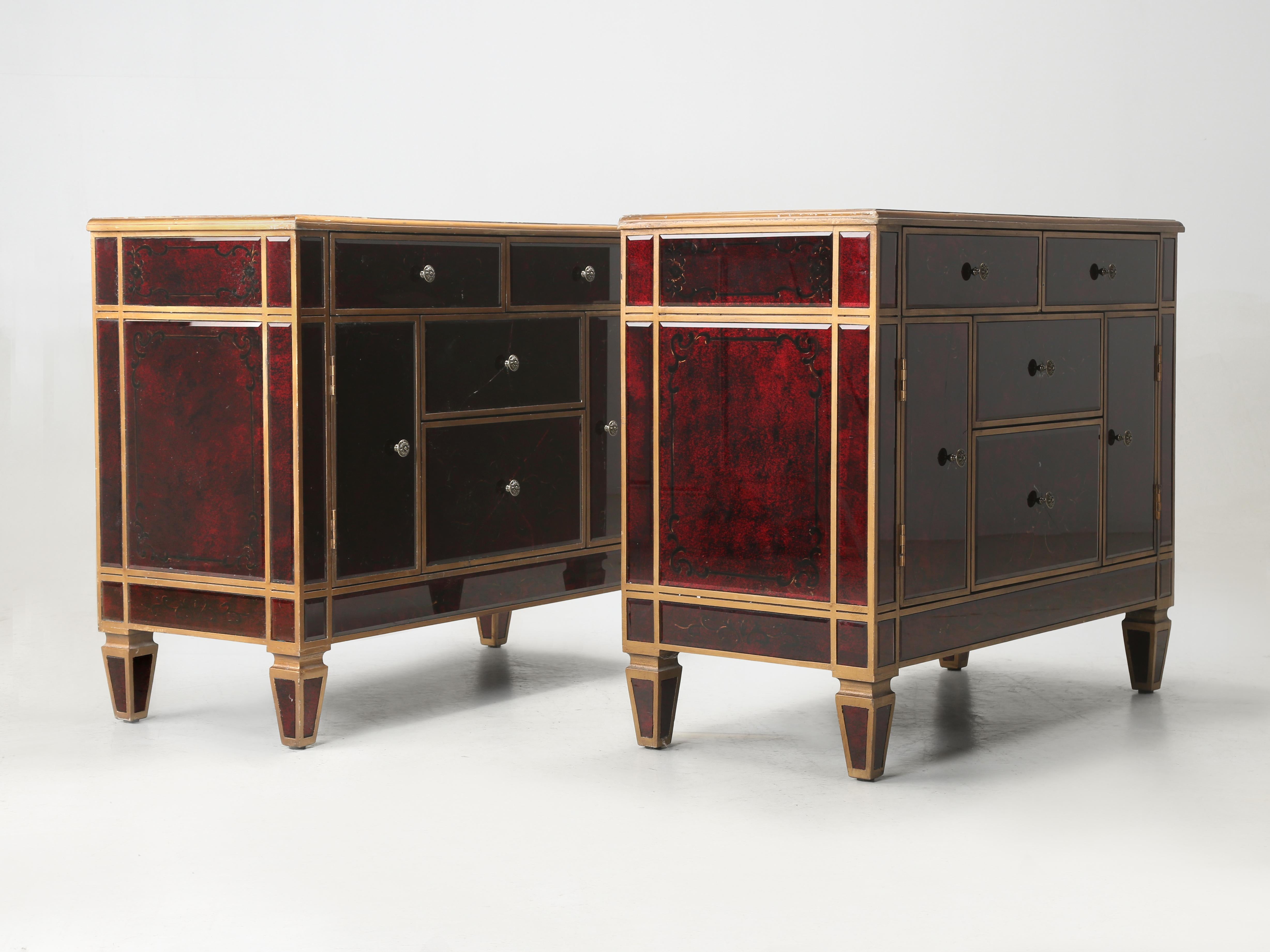Italian Pair of Venetian Glass and Gilt Matching Commodes or Dressers from Europe For Sale