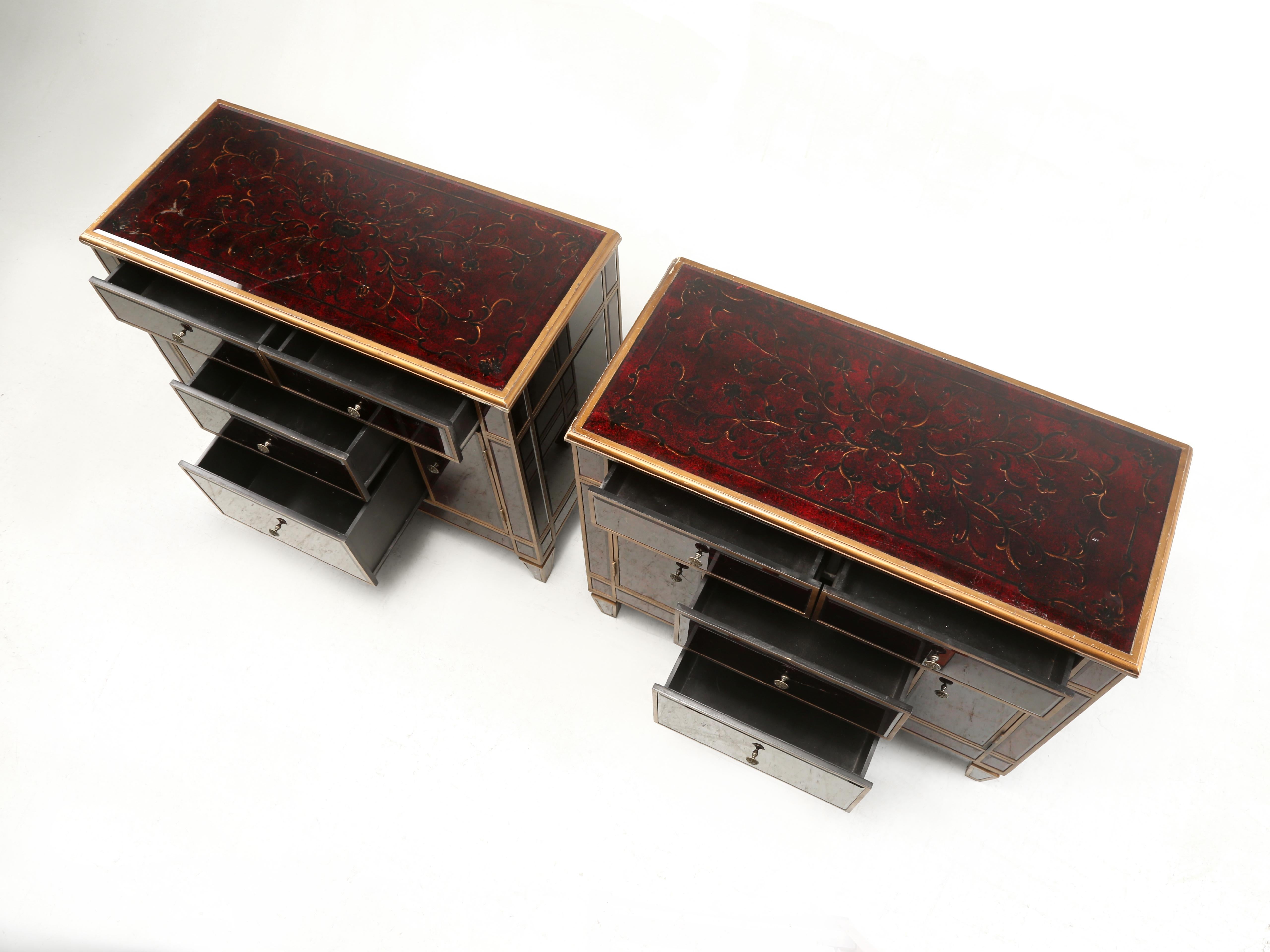 Pair of Venetian Glass and Gilt Matching Commodes or Dressers from Europe In Fair Condition For Sale In Chicago, IL