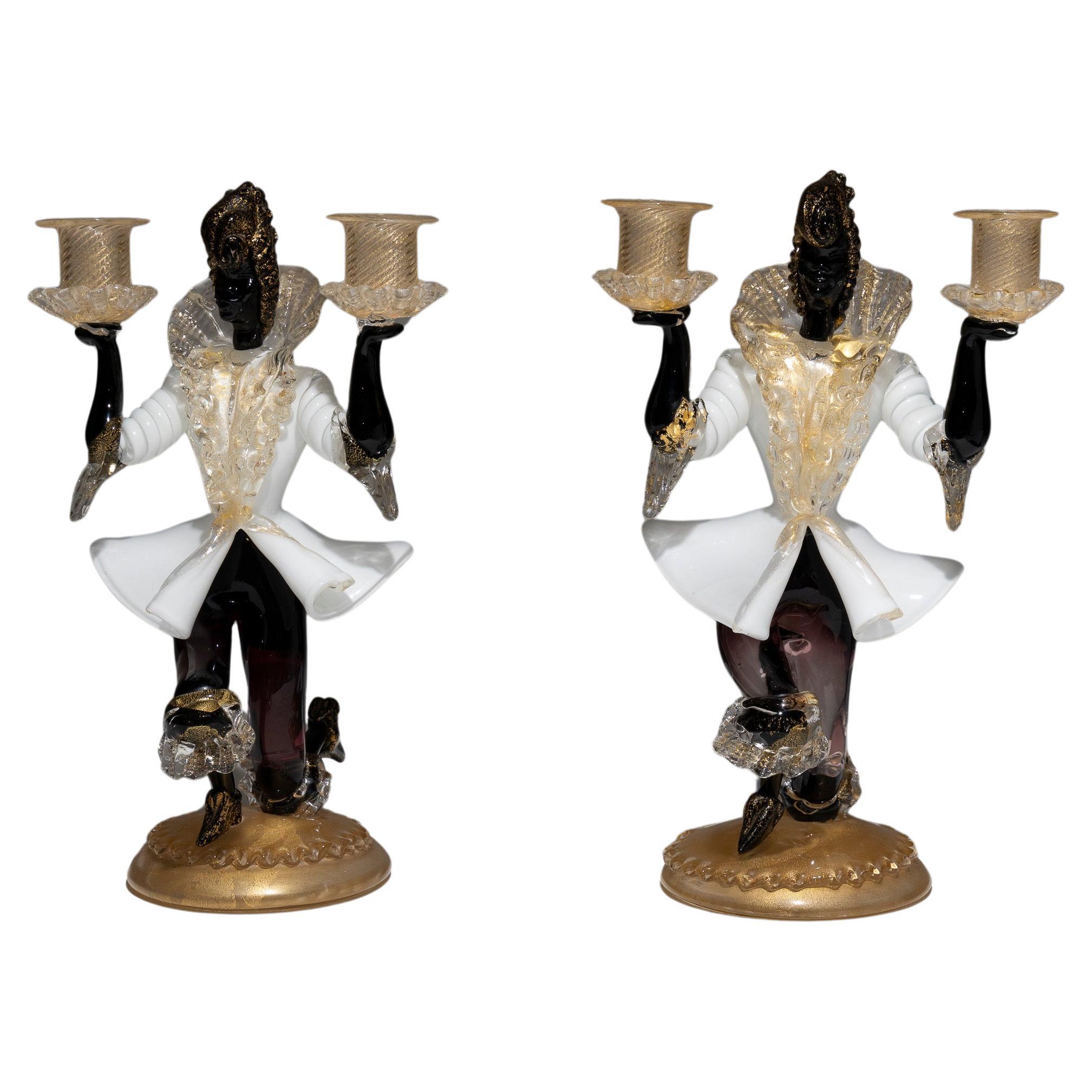 Pair of Venetian Glass Candlesticks in Murano Glass, Salviati & Co, 1950s