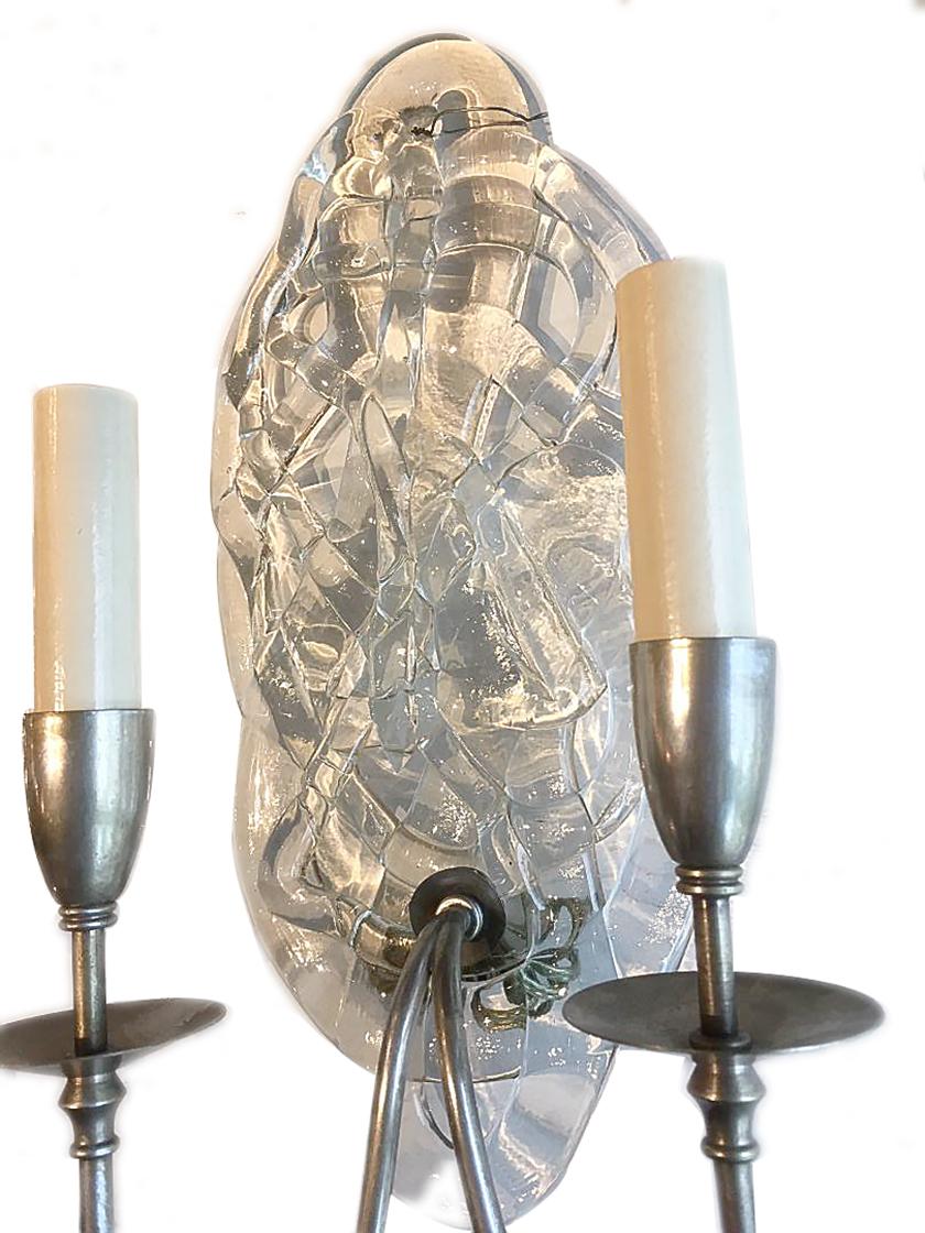 Pair of circa 1940's Venetian clear art glass two-arm sconces.

Measurements
Height: 13.5
