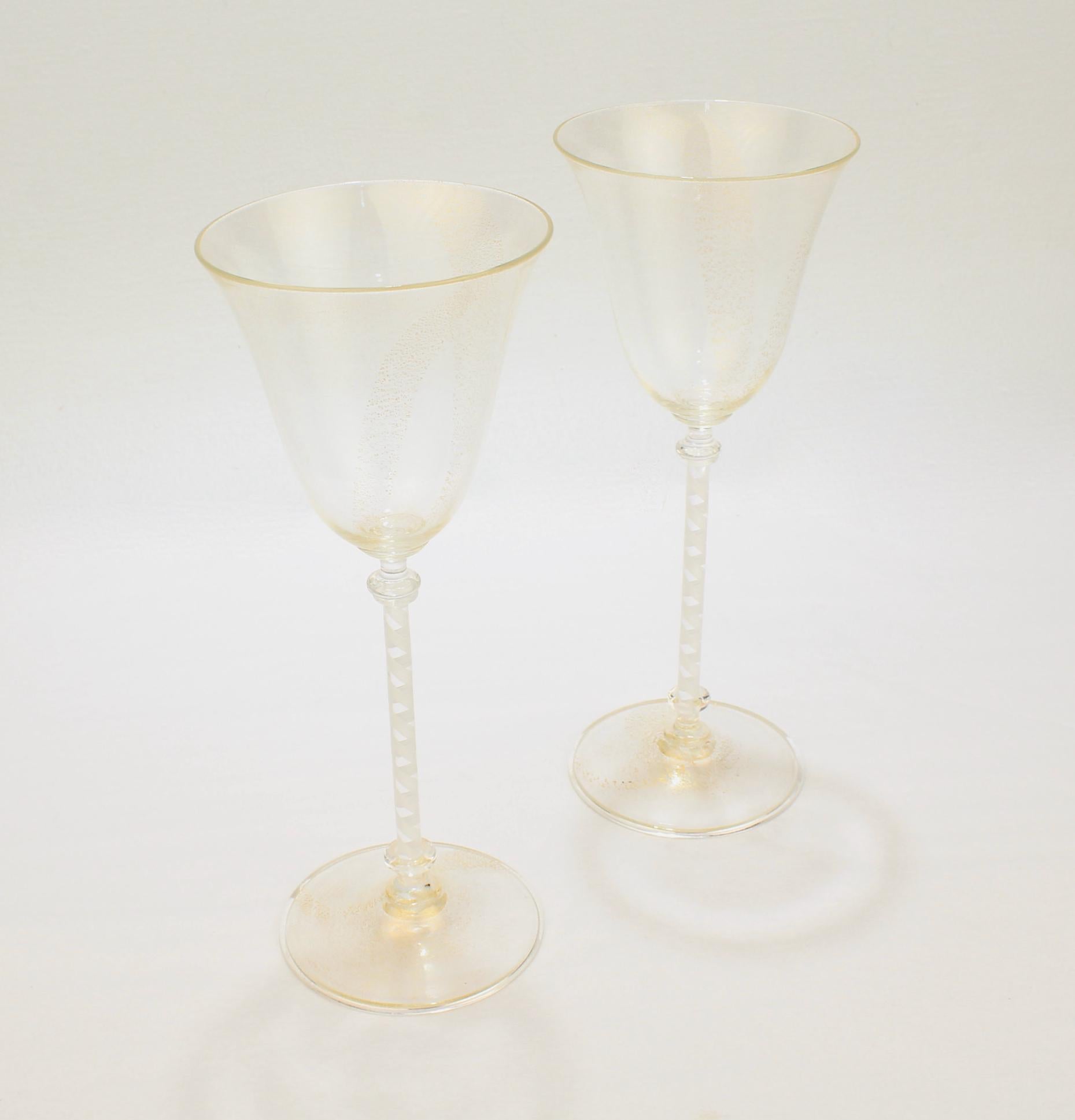 Mid-Century Modern Pair of Venetian Glass Wine Goblets with White Twist Stems and Gold Inclusions