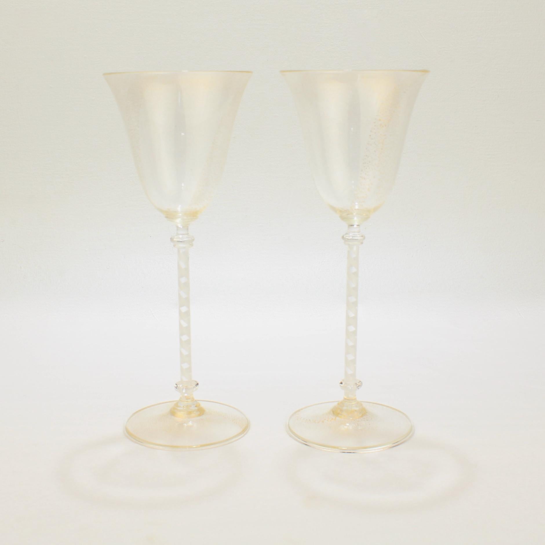 Italian Pair of Venetian Glass Wine Goblets with White Twist Stems and Gold Inclusions