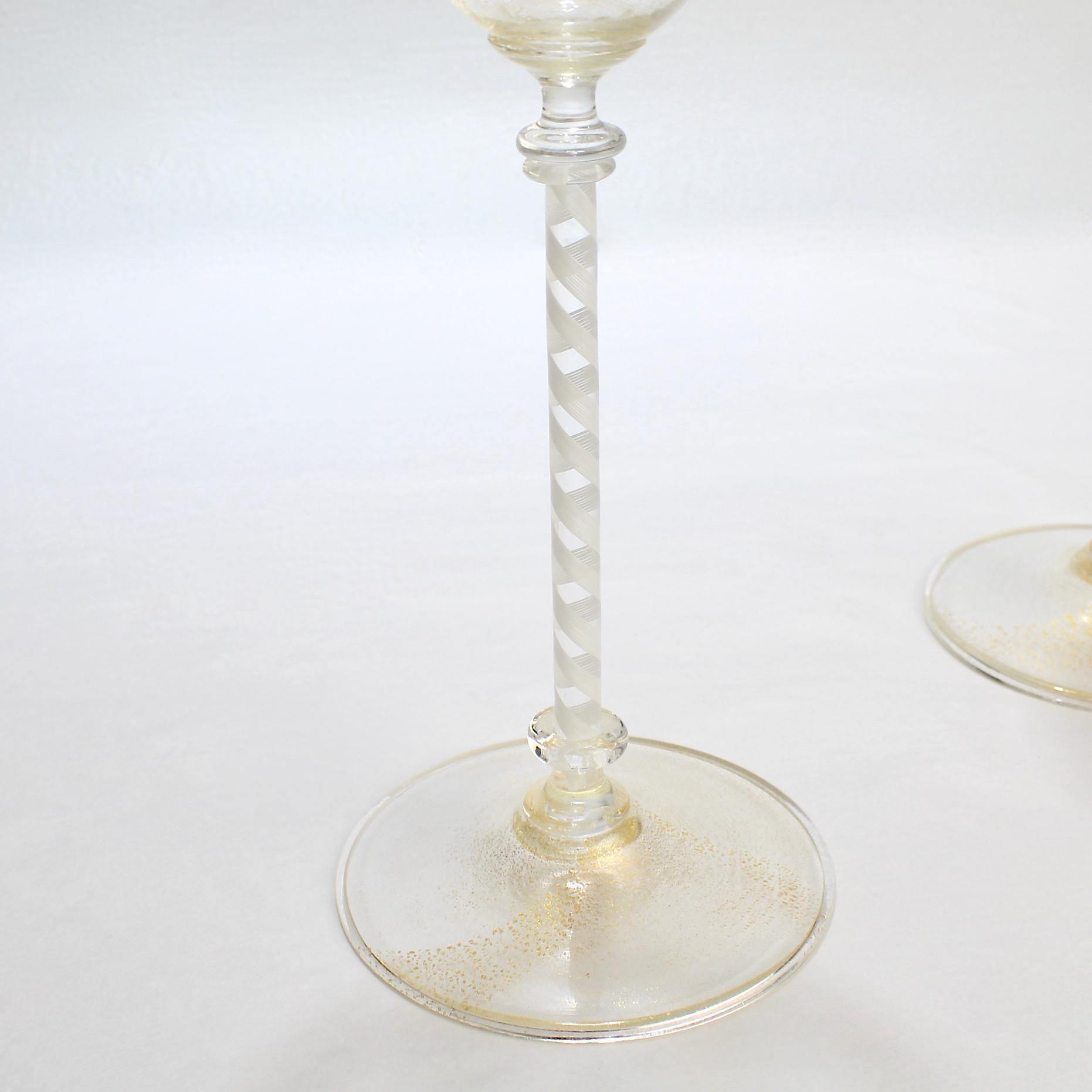 Pair of Venetian Glass Wine Goblets with White Twist Stems and Gold Inclusions In Good Condition In Philadelphia, PA
