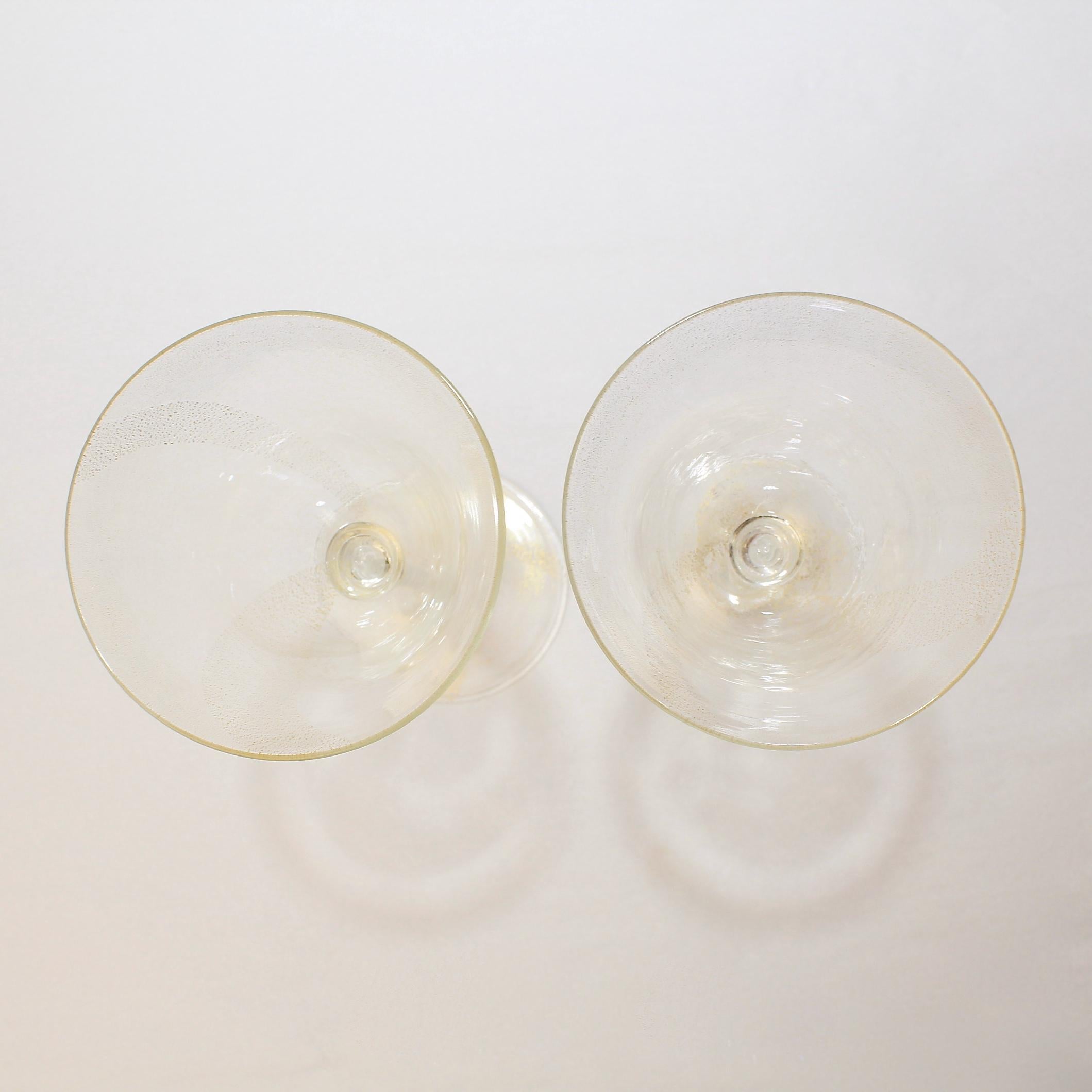 20th Century Pair of Venetian Glass Wine Goblets with White Twist Stems and Gold Inclusions