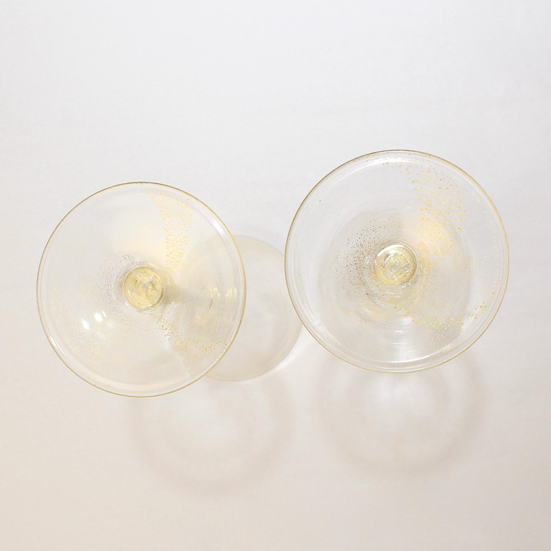 Blown Glass Pair of Venetian Glass Wine Goblets with White Twist Stems and Gold Inclusions