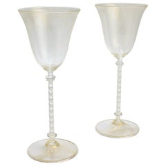Pair of Venetian Glass Wine Goblets with White Twist Stems and Gold Inclusions