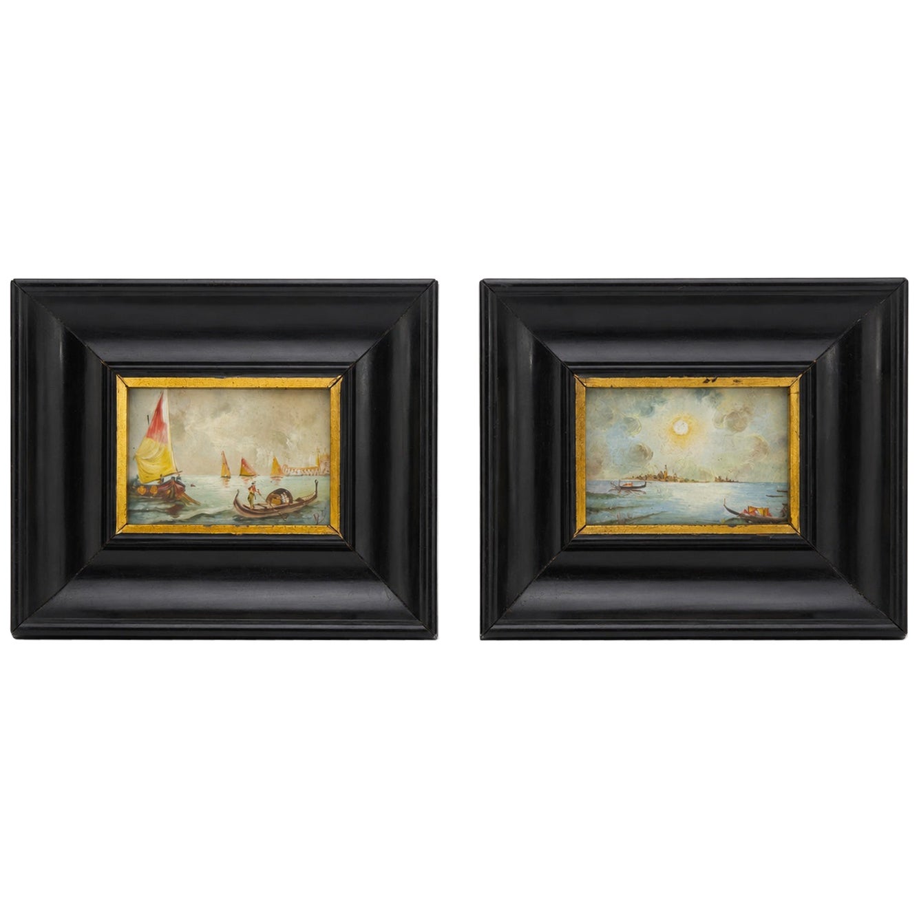 Pair of Venetian Grand Tour Miniature Marine Views in Ebonized Frames For Sale