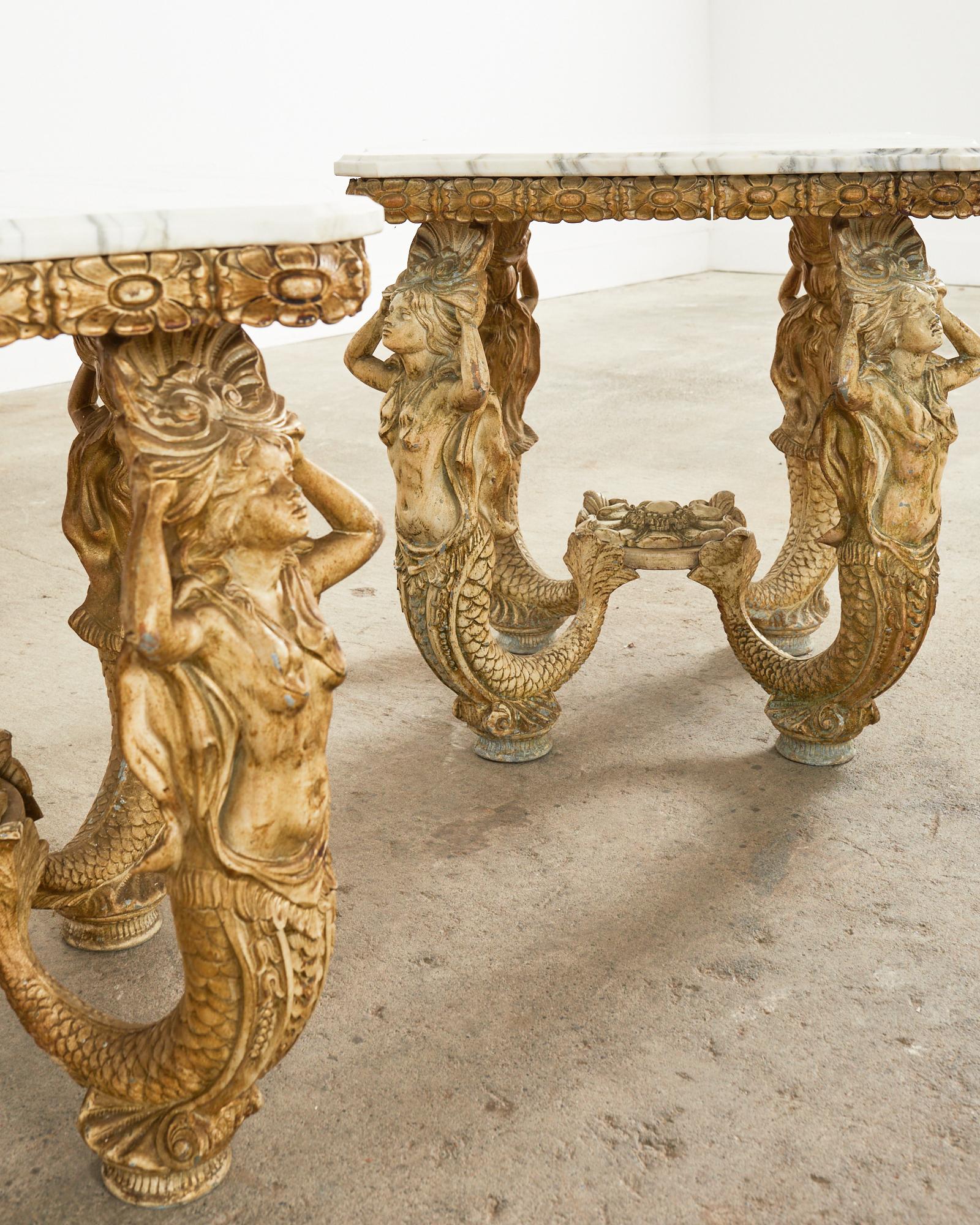 Pair of Venetian Grotto Style Marble Top Tables with Mermaids 4