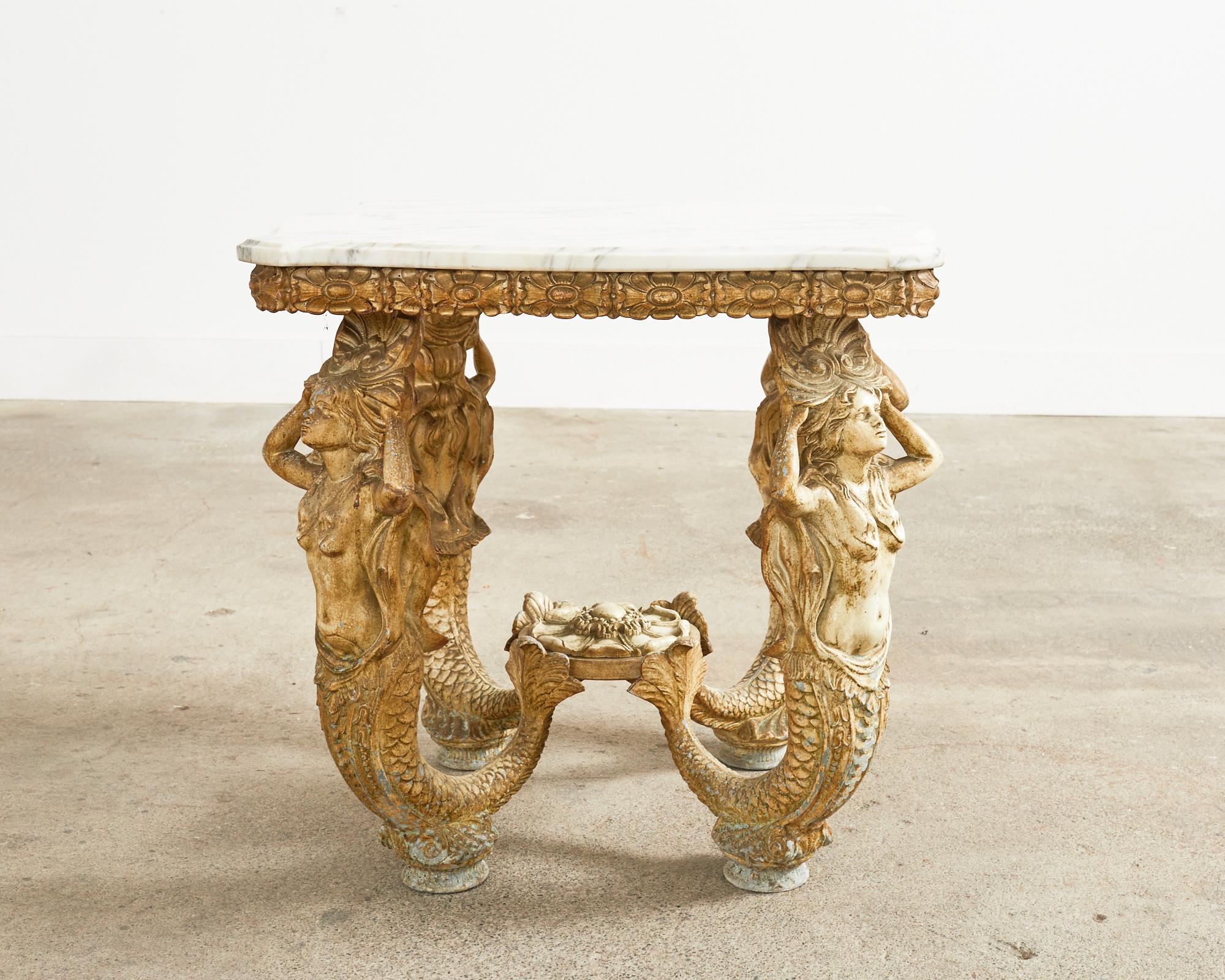Pair of Venetian Grotto Style Marble Top Tables with Mermaids 8