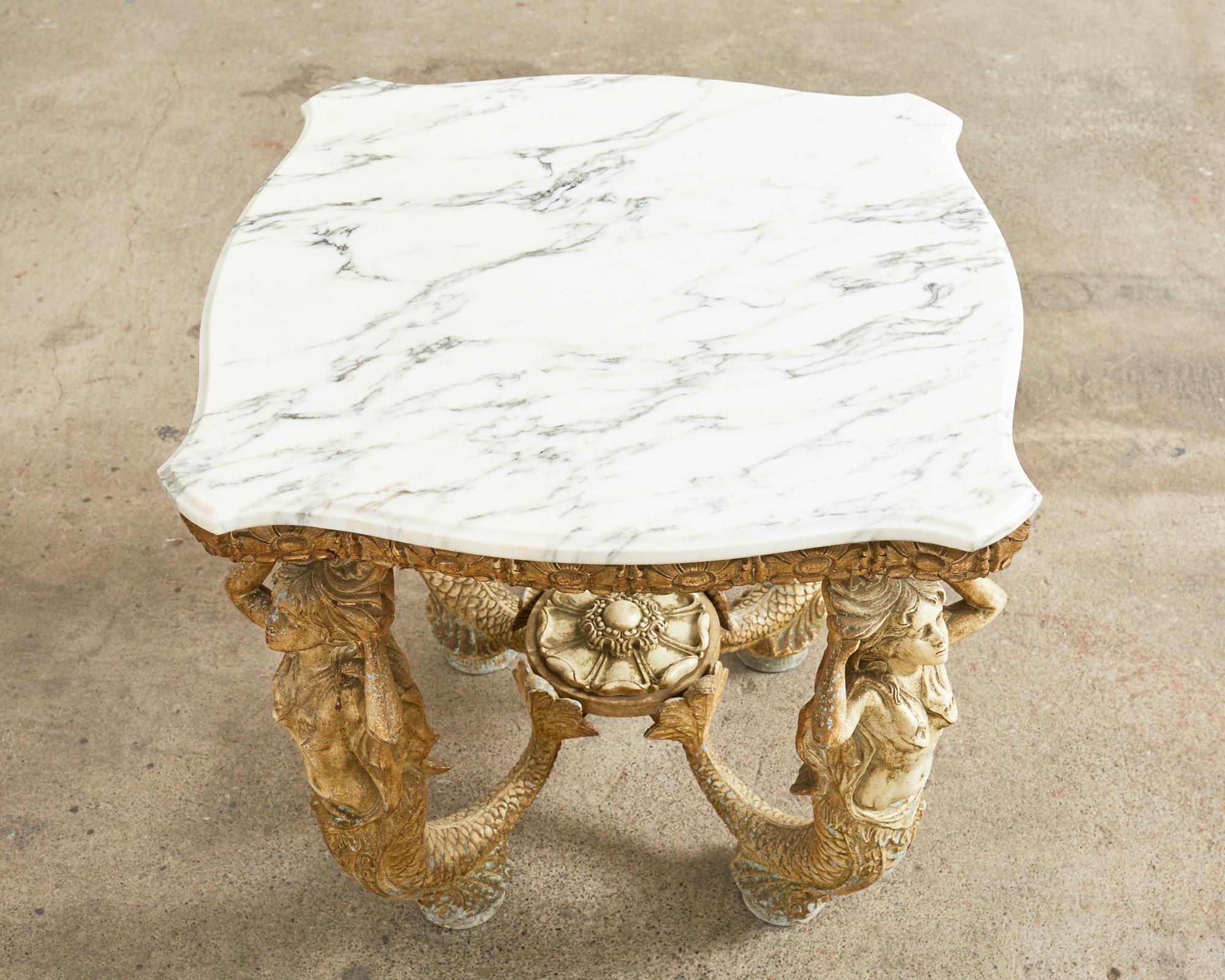 Pair of Venetian Grotto Style Marble Top Tables with Mermaids 9