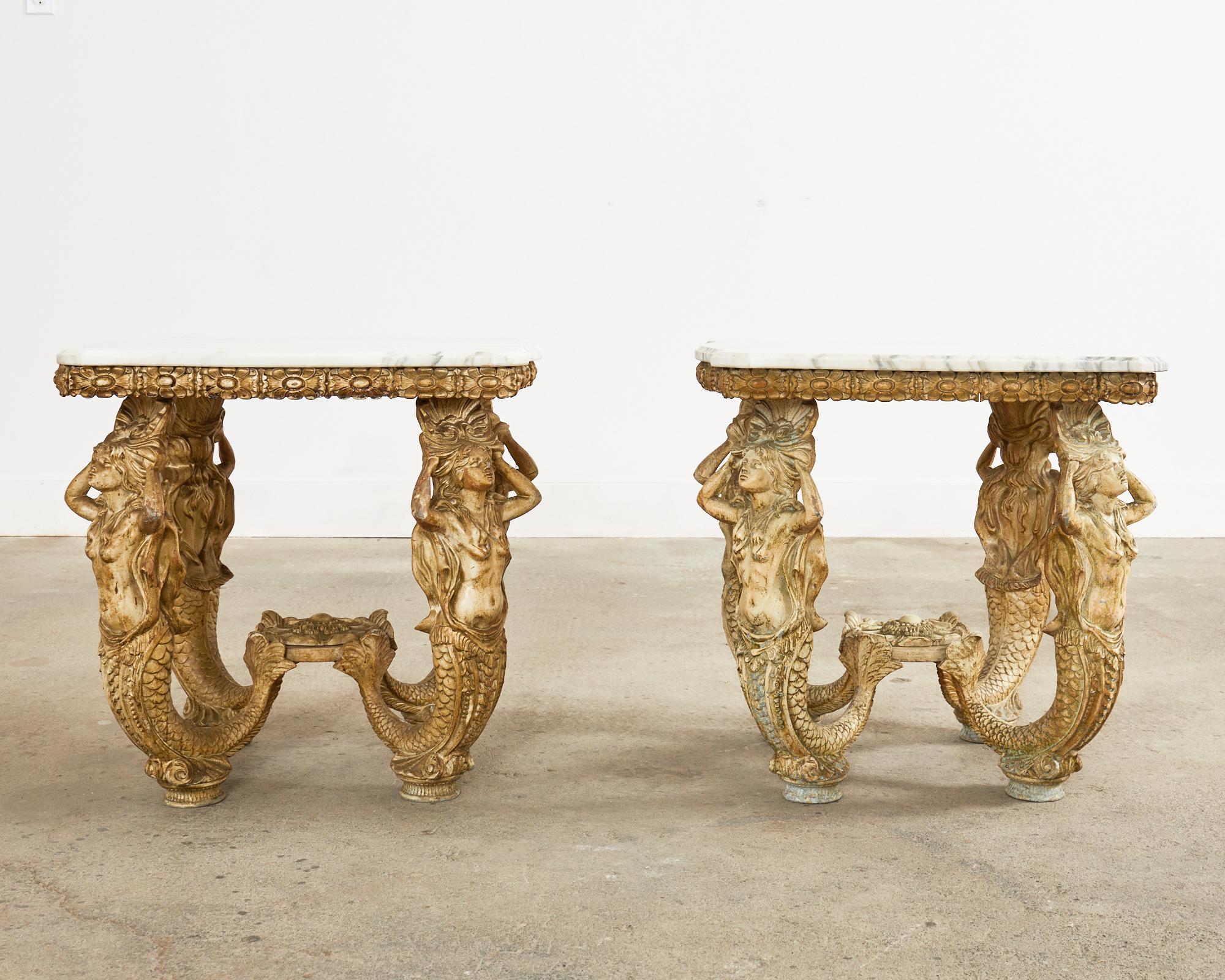 Pair of Venetian Grotto Style Marble Top Tables with Mermaids 12