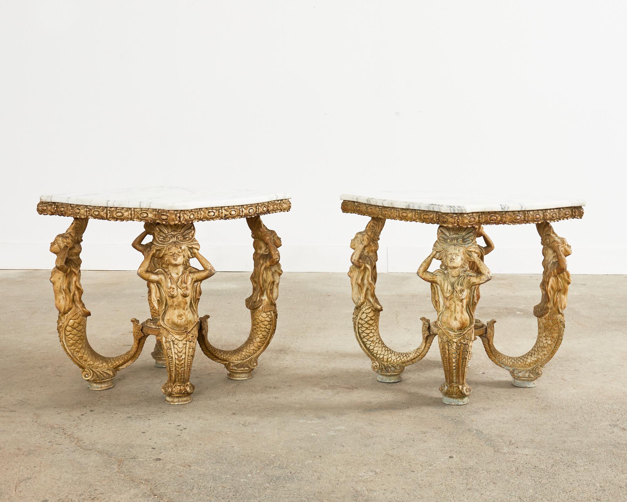 Neoclassical Pair of Venetian Grotto Style Marble Top Tables with Mermaids