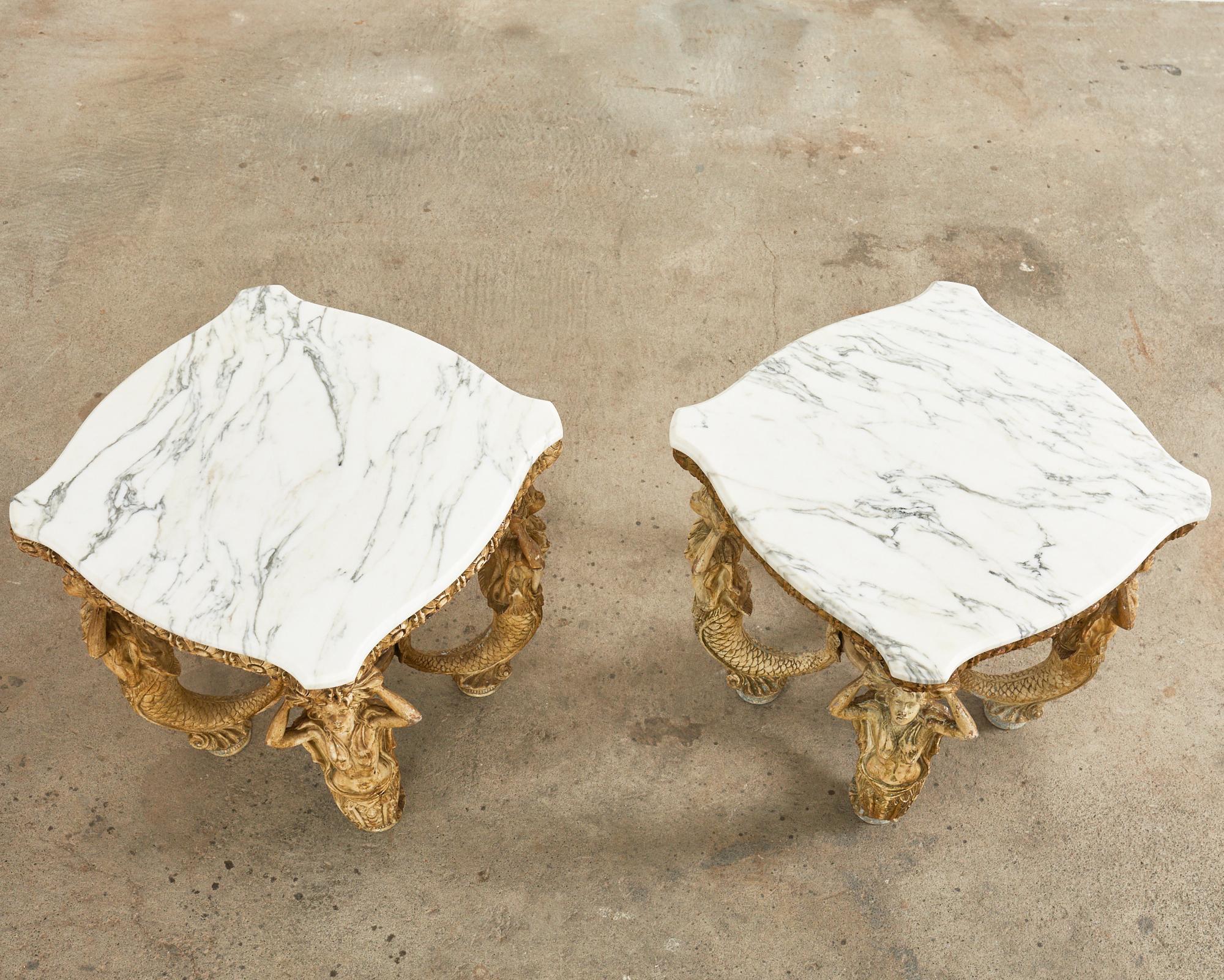 Italian Pair of Venetian Grotto Style Marble Top Tables with Mermaids