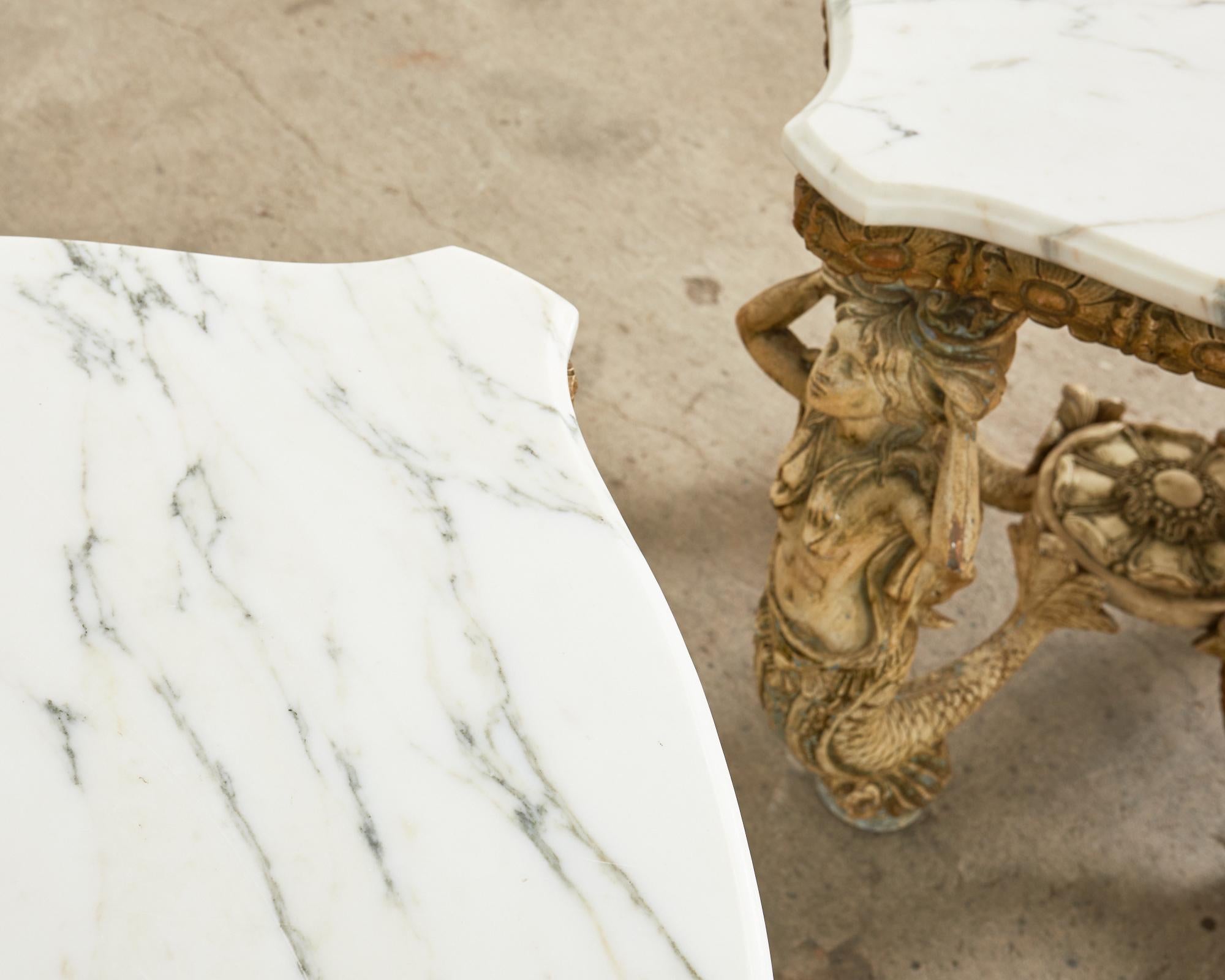 Pair of Venetian Grotto Style Marble Top Tables with Mermaids In Good Condition In Rio Vista, CA